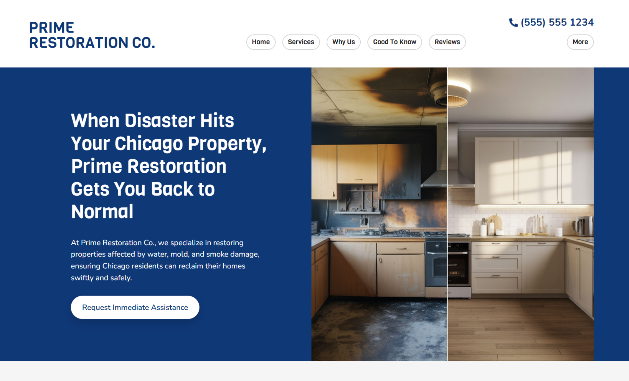 Prime Restoration Co homepage featuring side-by-side images of a fire-damaged kitchen and restored kitchen next to the headline “When Disaster Hits Your Chicago Property, Prime Restoration Gets You Back to Normal.”