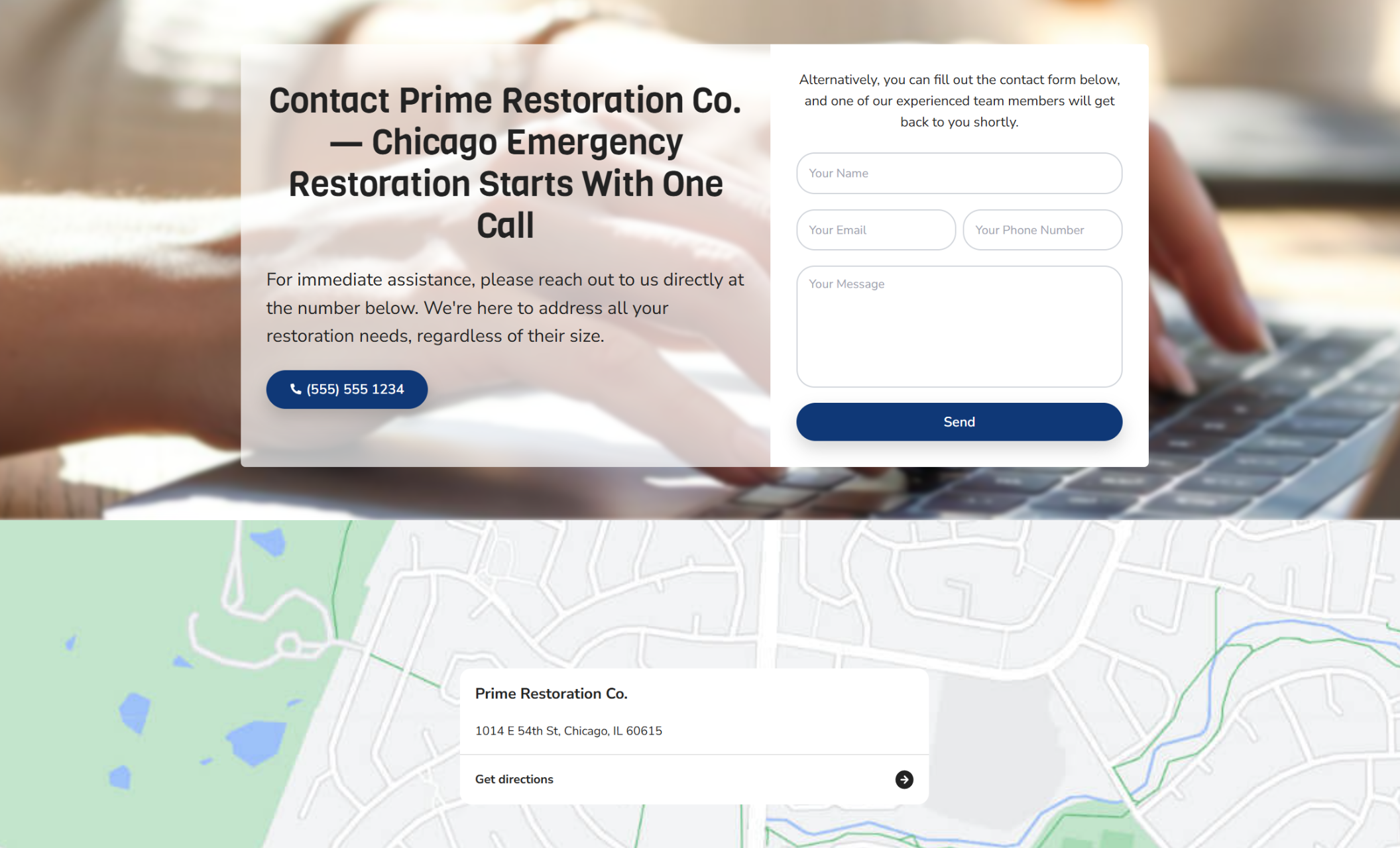 Prime Restoration Co contact section titled “Chicago Emergency Restoration Starts With One Call,” featuring a phone button, contact form fields, and a map showing the company’s Chicago location