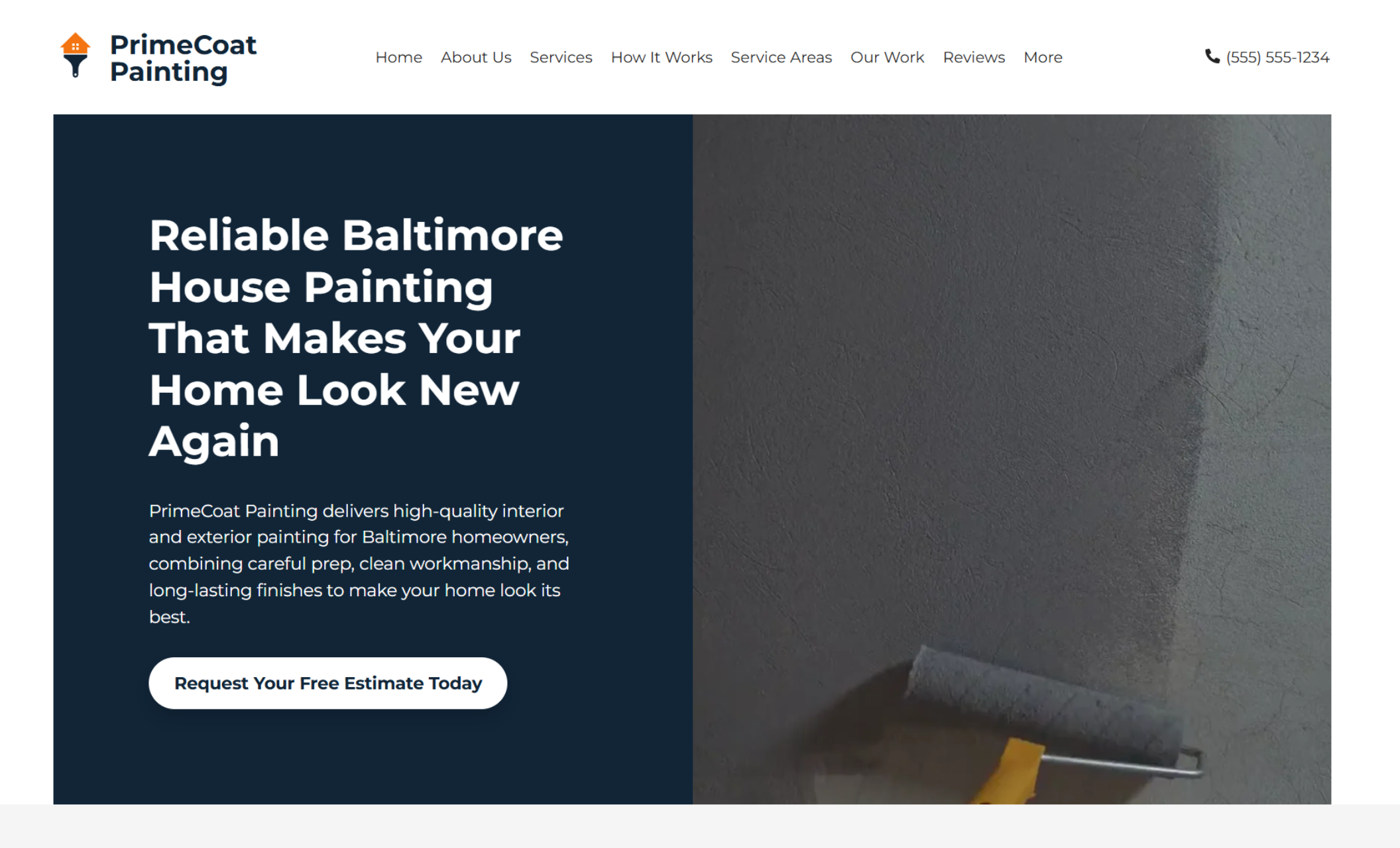 PrimeCoat Painting homepage hero with the headline “Reliable Baltimore House Painting That Makes Your Home Look New Again,” alongside a close-up image of a paint roller applying dark paint and a button reading “Request Your Free Estimate Today.”