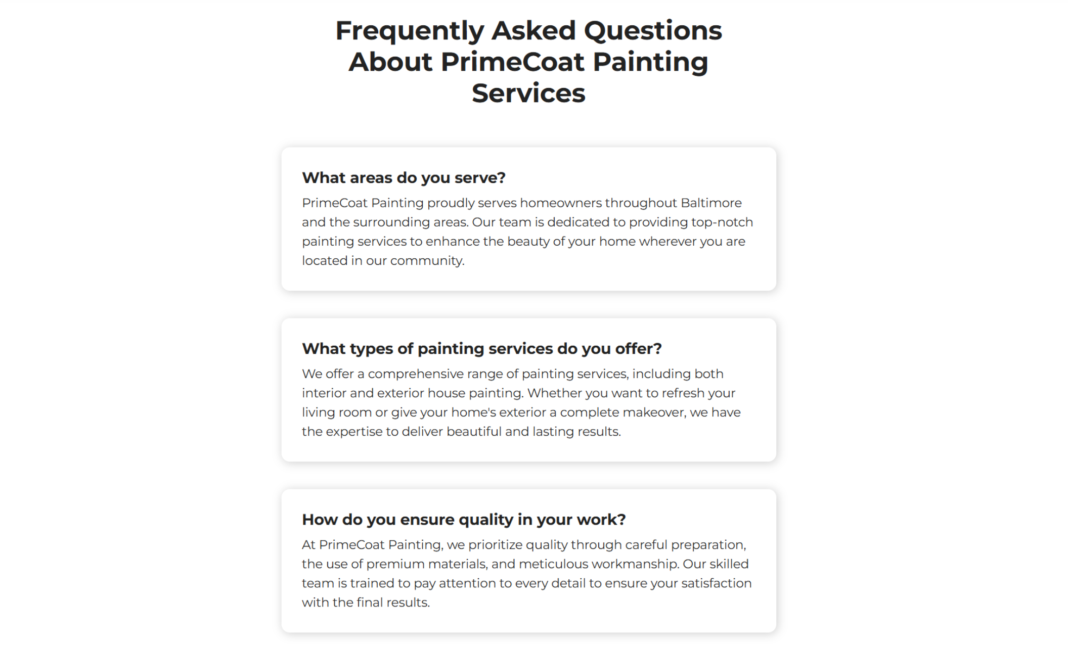 PrimeCoat Painting FAQs section featuring the headline “Frequently Asked Questions About PrimeCoat Painting Services” and three accordion cards explaining service areas, painting options, and how the team ensures quality workmanship