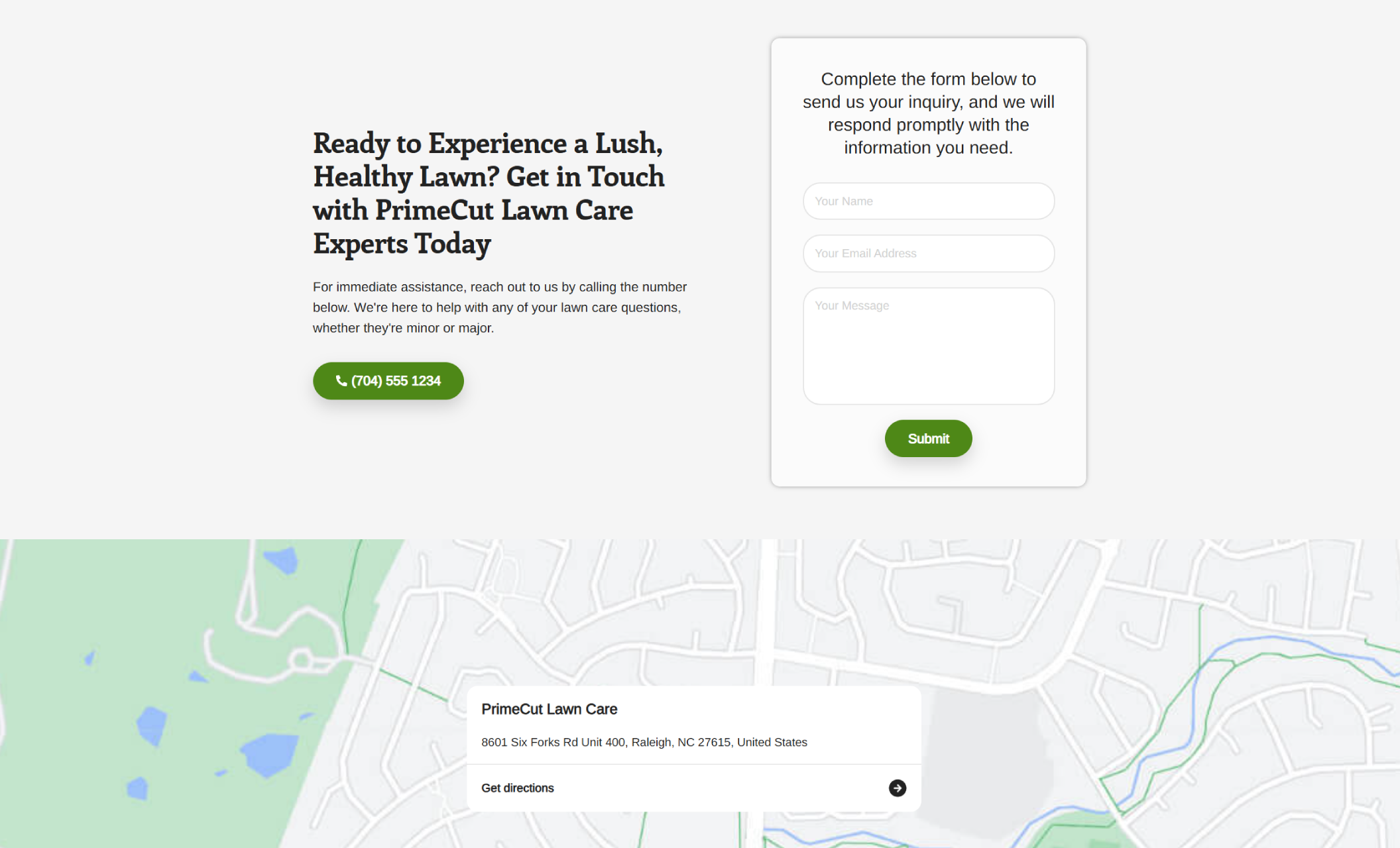 PrimeCut Lawn Care contact section featuring a bold headline reading “Ready to Experience a Lush, Healthy Lawn?” alongside a green call button with the number (704) 555-1234, a simple inquiry form, and a map displaying the Raleigh, NC location