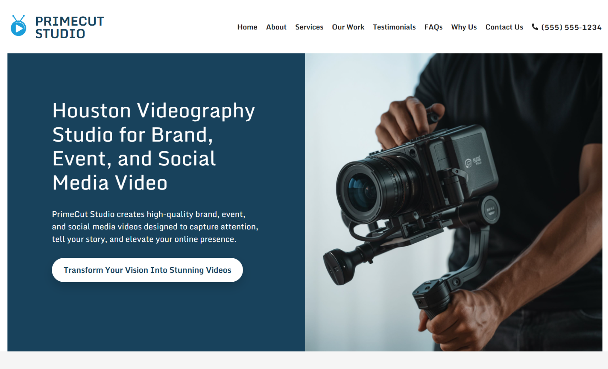 PrimeCut Studio homepage hero featuring the headline “Houston Videography Studio for Brand, Event, and Social Media Video” beside a close-up photo of a videographer holding a gimbal-mounted camera