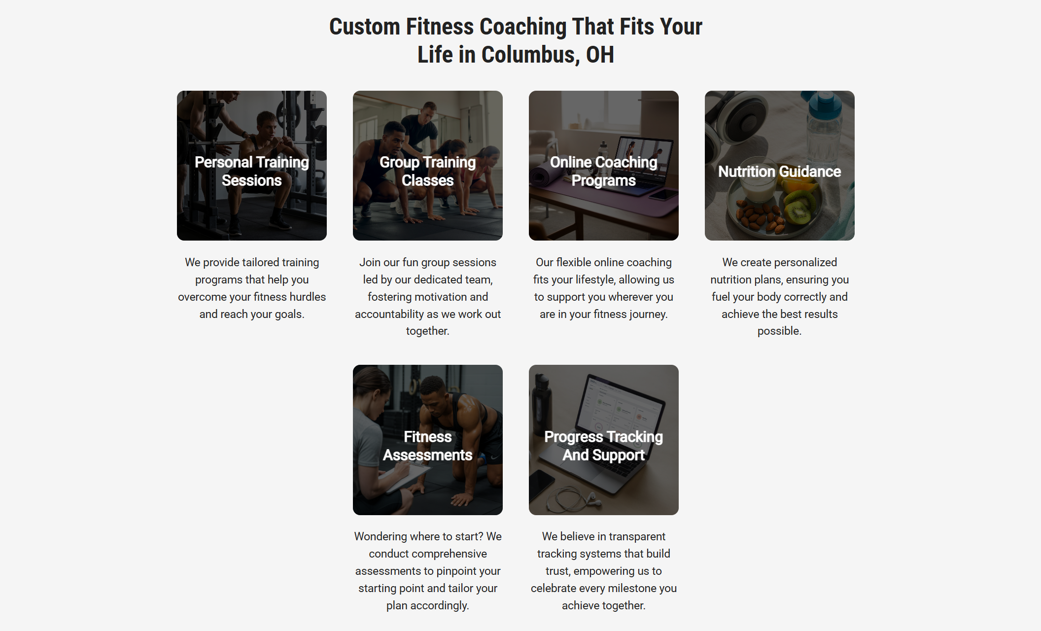Services section of the PrimeFit Coaching website showing six square photo cards for Personal Training, Group Training, Online Coaching, Nutrition Guidance, Fitness Assessments, and Progress Tracking, each with short descriptions below
