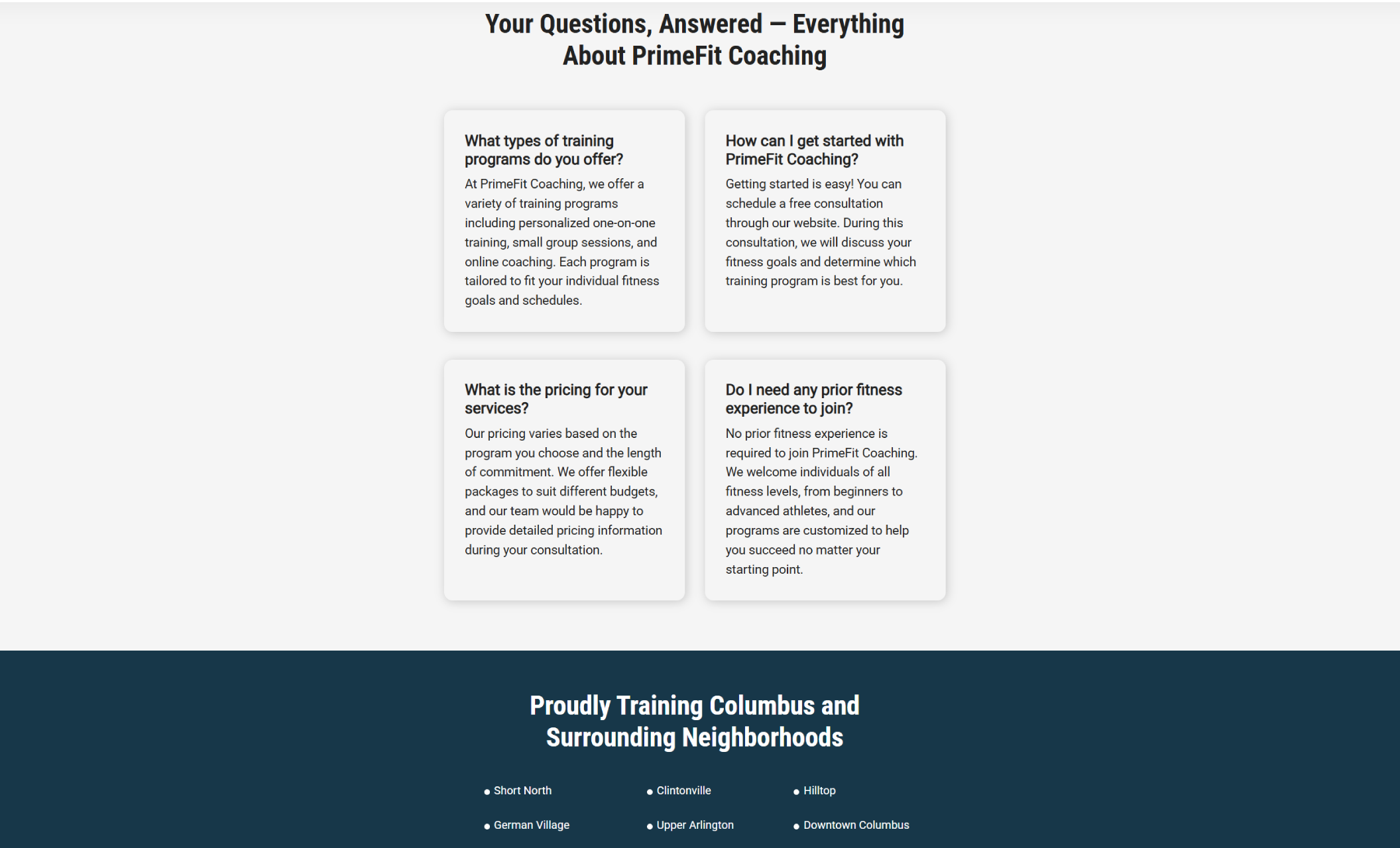 FAQ and service area section of the PrimeFit Coaching website featuring white info cards with common client questions above a navy footer listing Columbus neighborhoods served, including Short North and German Village