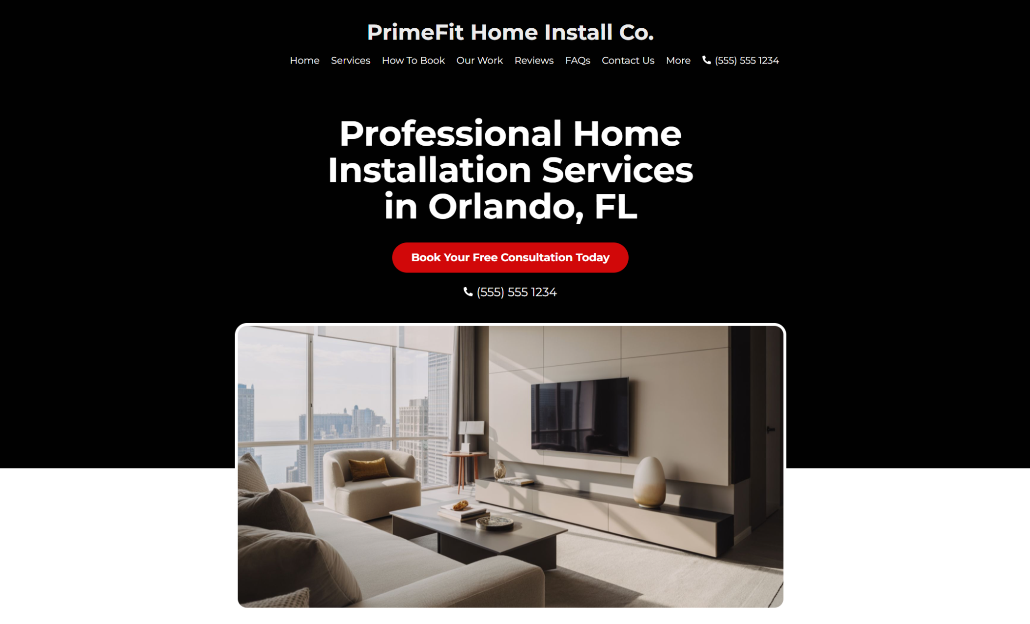 PrimeFit Home Install Co. homepage hero showing the headline “Professional Home Installation Services in Orlando, FL” on a black background with a red button reading “Book Your Free Consultation Today” above a modern living room photo