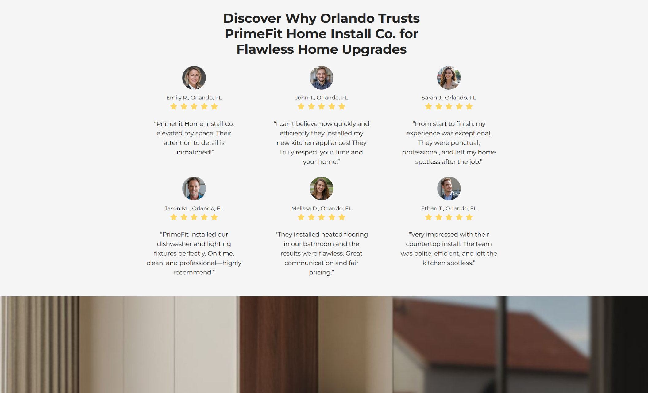 PrimeFit Home Install Co. reviews section featuring the headline “Discover Why Orlando Trusts PrimeFit Home Install Co. for Flawless Home Upgrades” above six customer testimonials with star ratings and profile photos