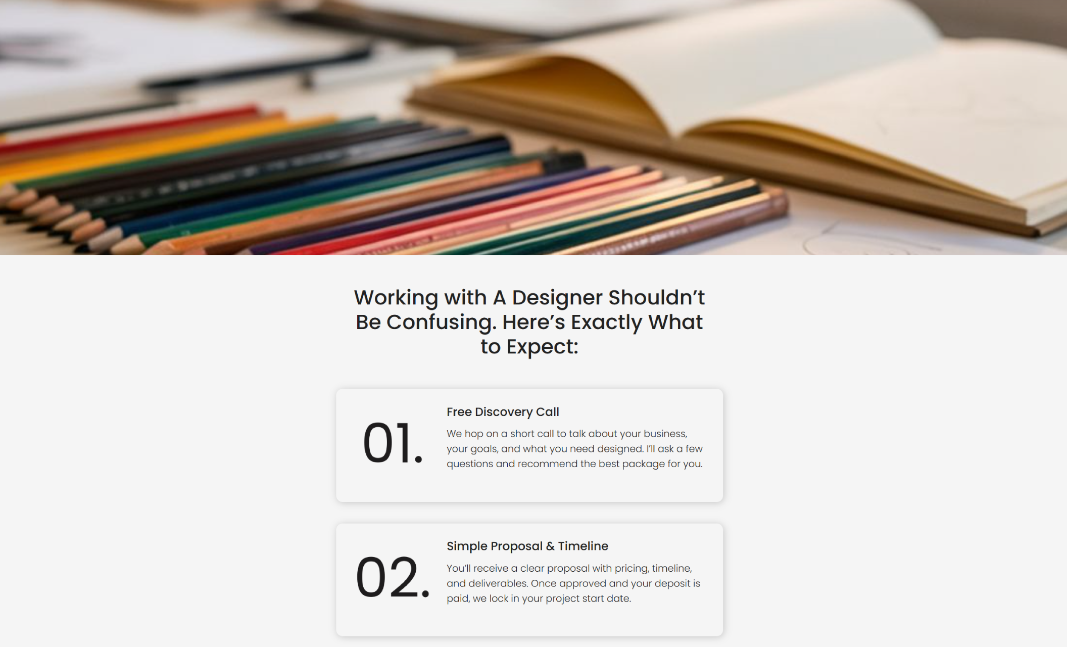 PrimeGraphix process section featuring a colorful close-up of pencils and sketchbooks above a two-step overview describing the discovery call and proposal process for new design clients