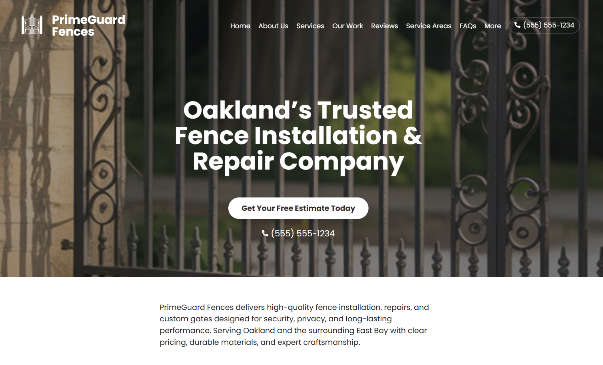 PrimeGuard Fences homepage hero featuring the headline “Oakland’s Trusted Fence Installation & Repair Company” over a close-up background image of a wrought iron gate, with a “Get Your Free Estimate Today” button and phone number below