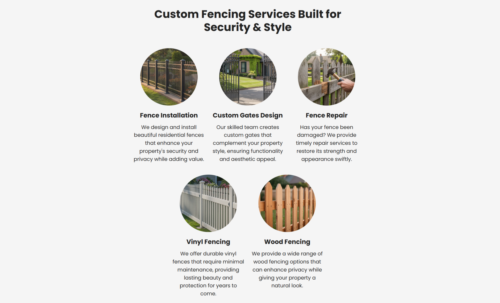 PrimeGuard Fences services section titled “Custom Fencing Services Built for Security & Style” featuring circular images and descriptions for Fence Installation, Custom Gates Design, Fence Repair, Vinyl Fencing, and Wood Fencing