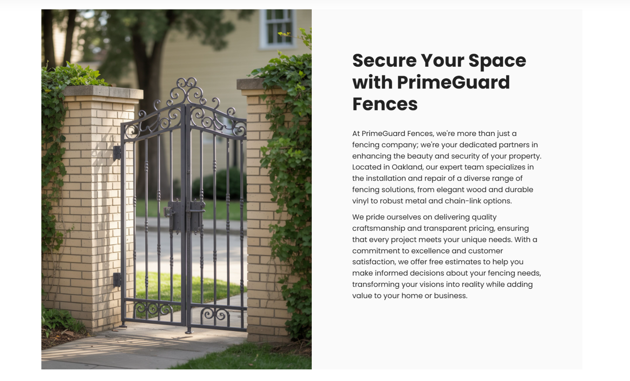 PrimeGuard Fences about section featuring a photo of a decorative metal gate between brick pillars beside the headline “Secure Your Space with PrimeGuard Fences” and a short paragraph describing fence installation and repair services in Oakland