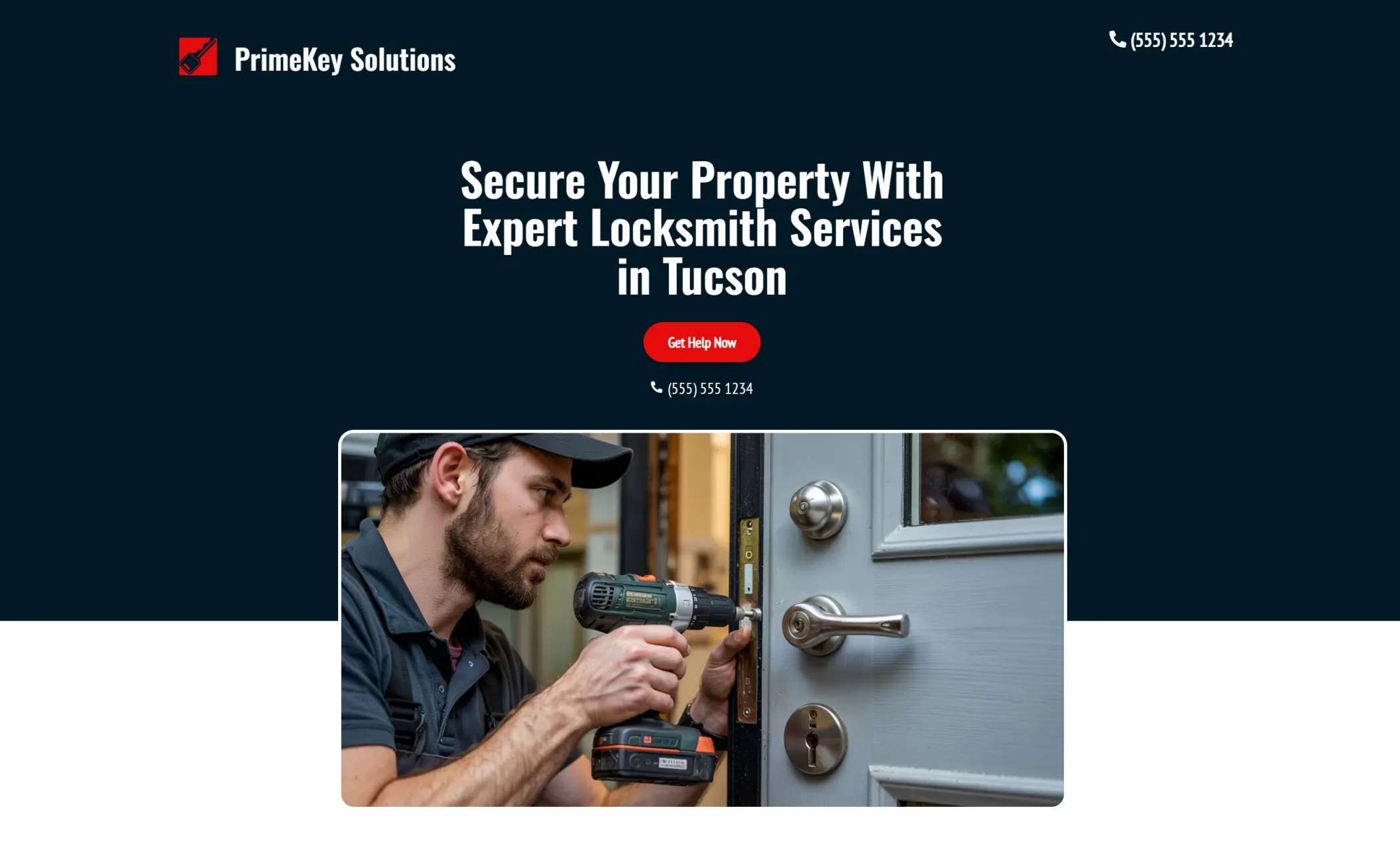 PrimeKey Solutions' homepage featuring the image of a locksmith working, company branding, call-to-action button, and a phone number