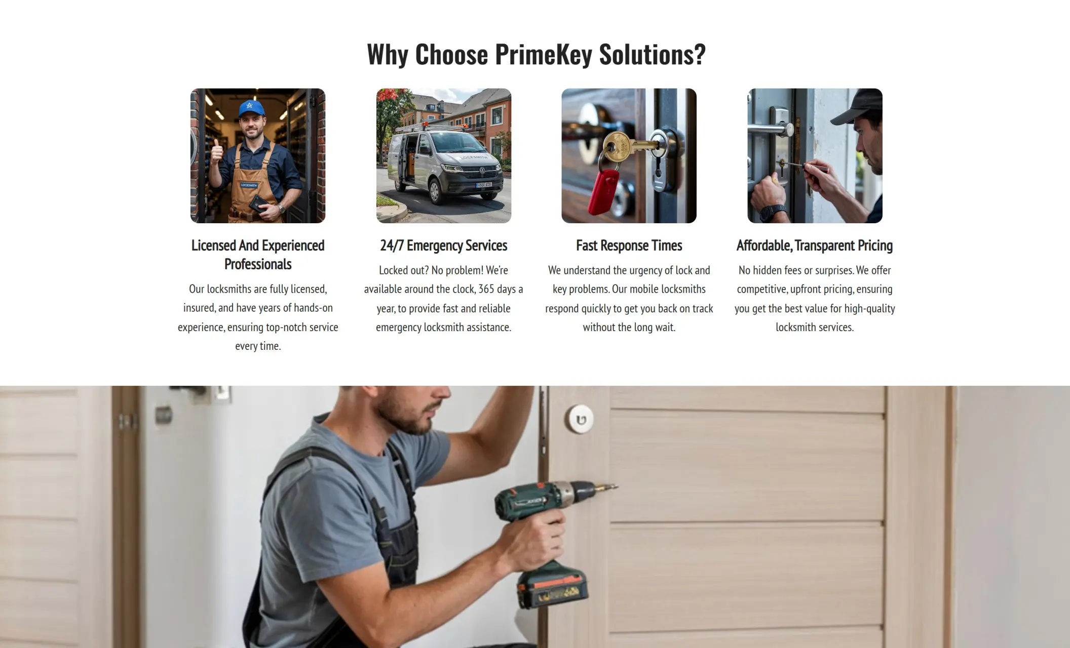 PrimeKey Solutions' website displaying a "Why Choose PrimeKey Solutions?" section, and the image of a locksmith working