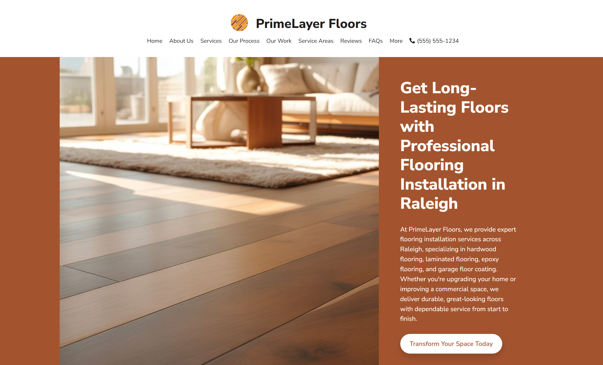 PrimeLayer Floors homepage featuring a bright living room with hardwood floors beside the headline “Get Long-Lasting Floors with Professional Flooring Installation in Raleigh” and a “Transform Your Space Today” button