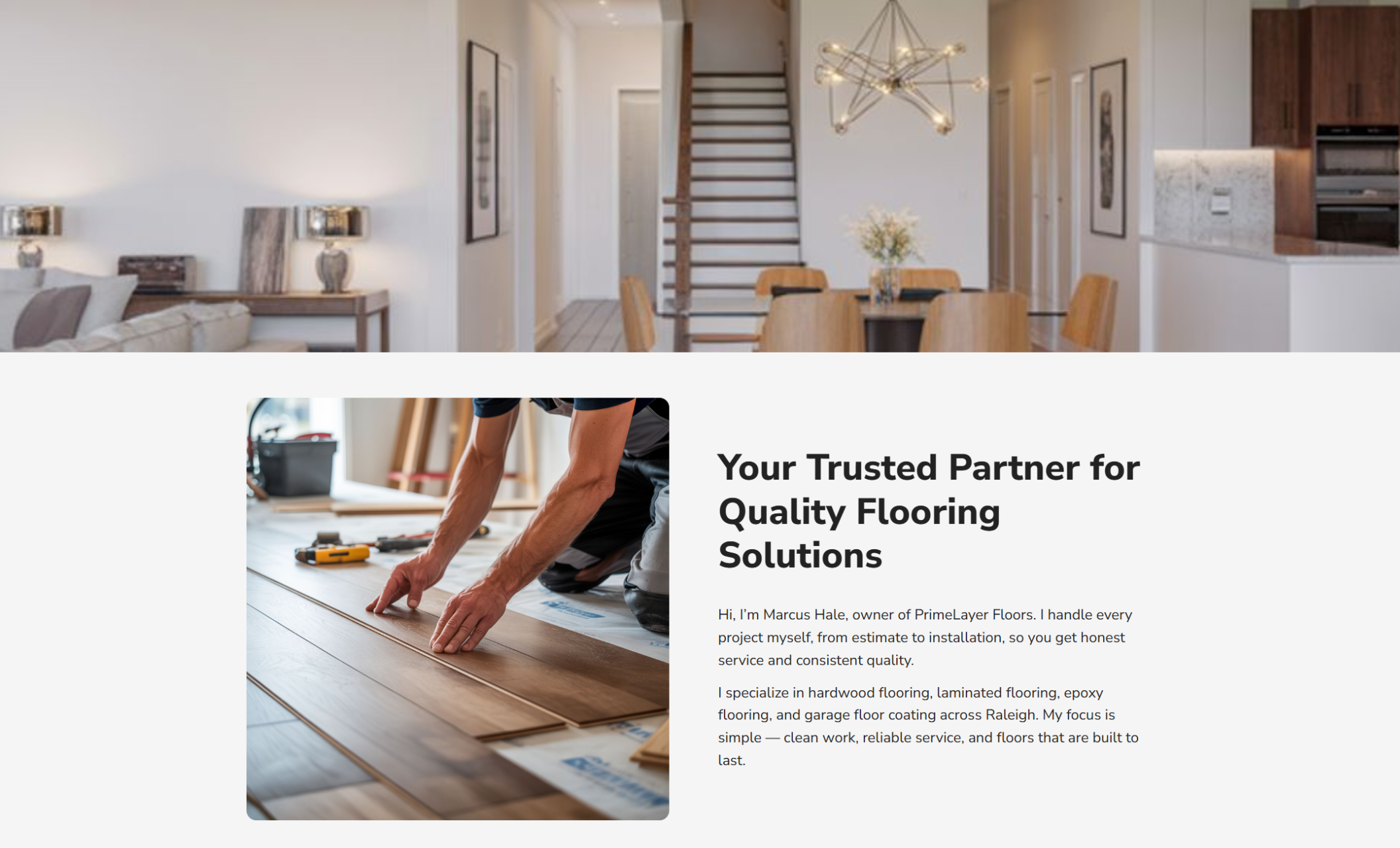 PrimeLayer Floors about section featuring a close-up of a contractor installing wood flooring beside the headline “Your Trusted Partner for Quality Flooring Solutions” and a short introduction from the owner