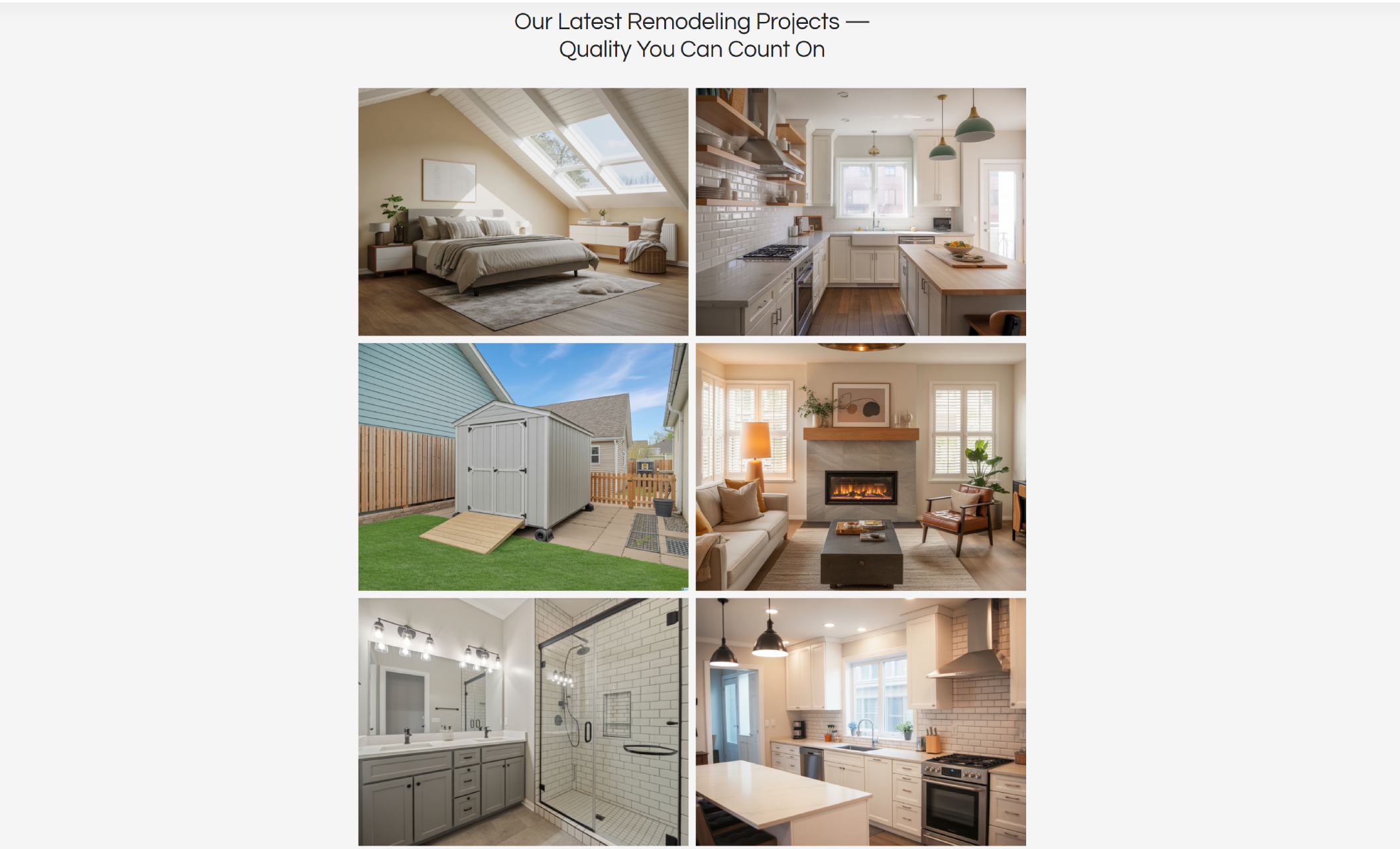 PrimeLine Construction project gallery displaying six images in a grid, including a skylit bedroom, a modern kitchen, a backyard shed, a cozy living room with fireplace, a sleek bathroom with glass shower, and a bright kitchen remodel, under the headline “Our Latest Remodeling Projects — Quality You Can Count On.”