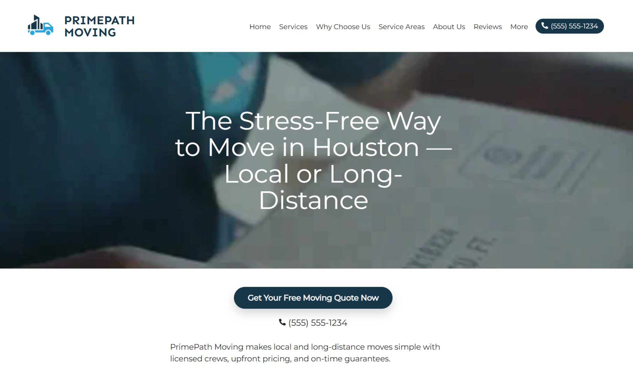 PrimePath Moving homepage with a blurred close-up of a labeled moving box in the background and a centered headline that reads “The Stress-Free Way to Move in Houston — Local or Long-Distance” with a blue call-to-action button