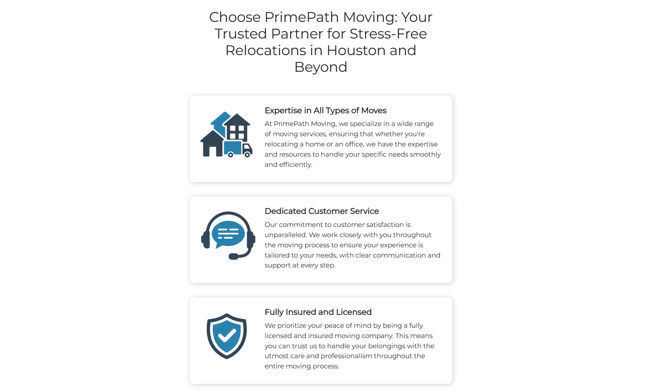 Services section for PrimePath Moving featuring three illustrated icons with descriptions: a house and moving truck for “Expertise in All Types of Moves,” a headset for “Dedicated Customer Service,” and a shield for “Fully Insured and Licensed.”