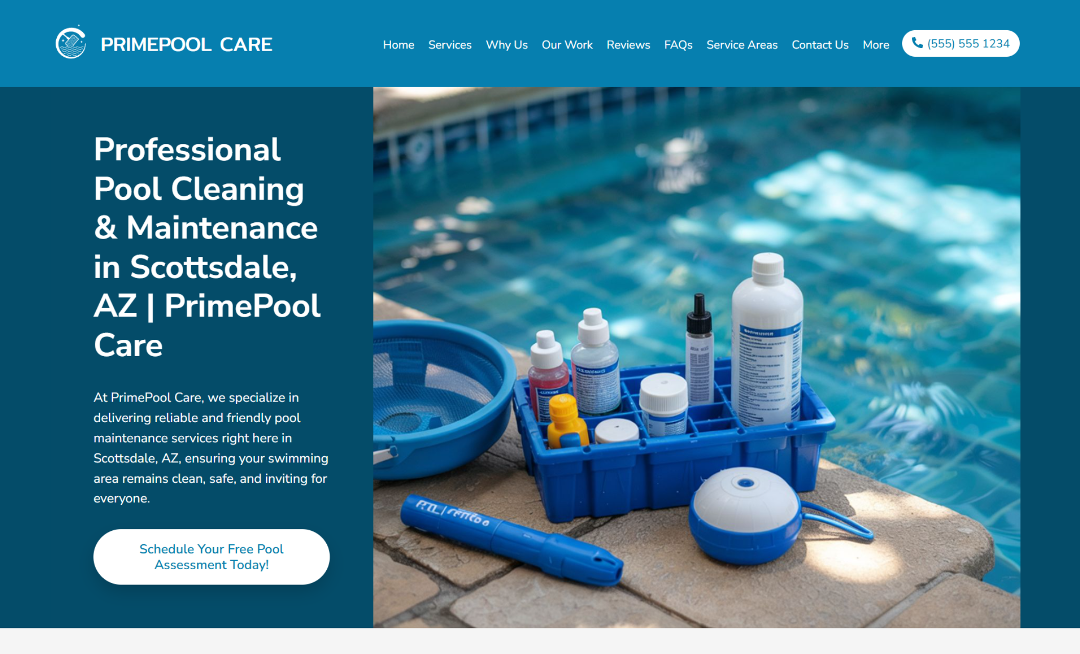 PrimePool Care homepage featuring pool maintenance tools beside a swimming pool with the headline “Professional Pool Cleaning & Maintenance in Scottsdale, AZ | PrimePool Care” and a “Schedule Your Free Pool Assessment Today!” button