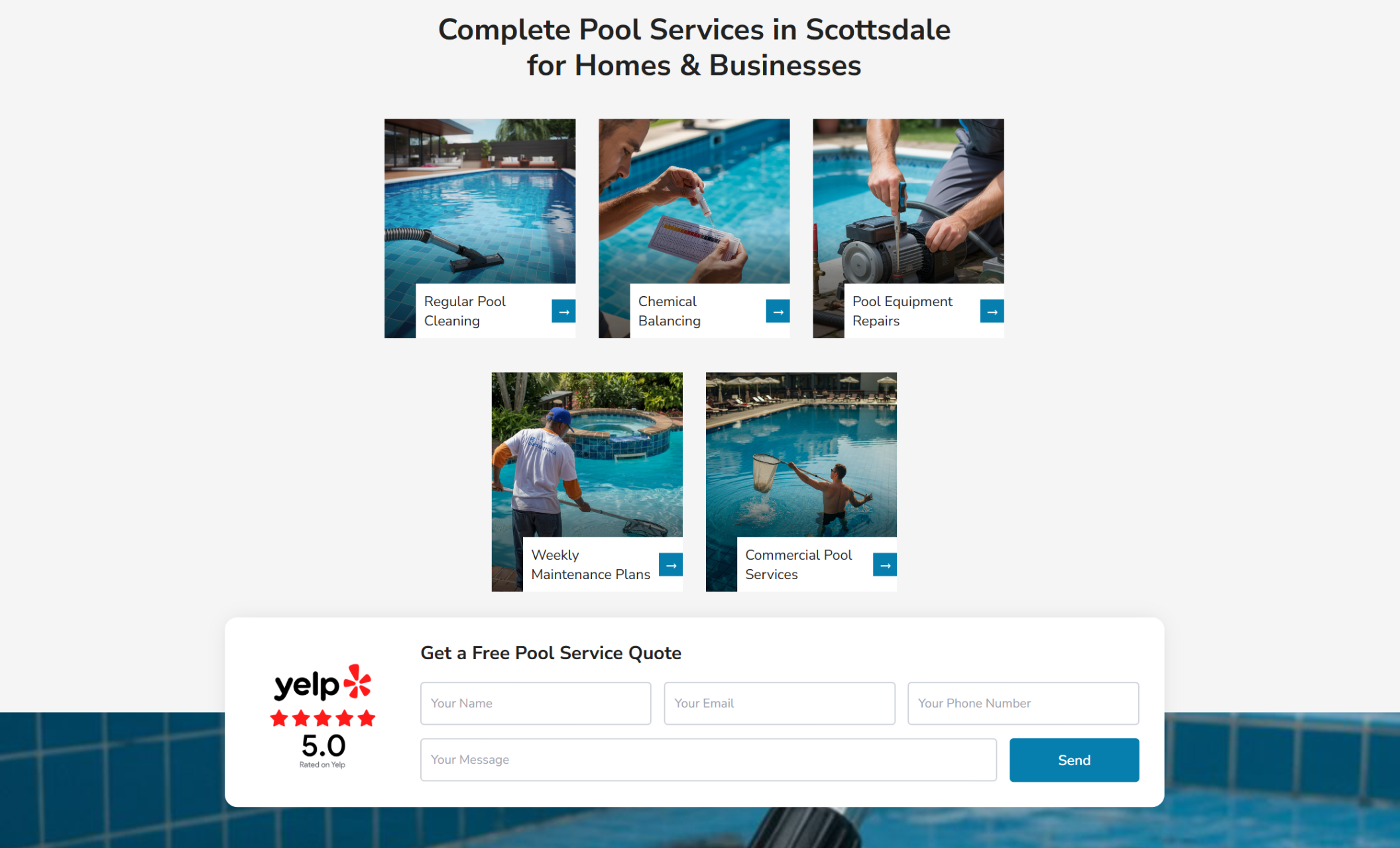 PrimePool Care services section titled “Complete Pool Services in Scottsdale for Homes & Businesses,” highlighting offerings like regular cleaning, chemical balancing, equipment repairs, maintenance plans, and commercial services with a Yelp rating banner below