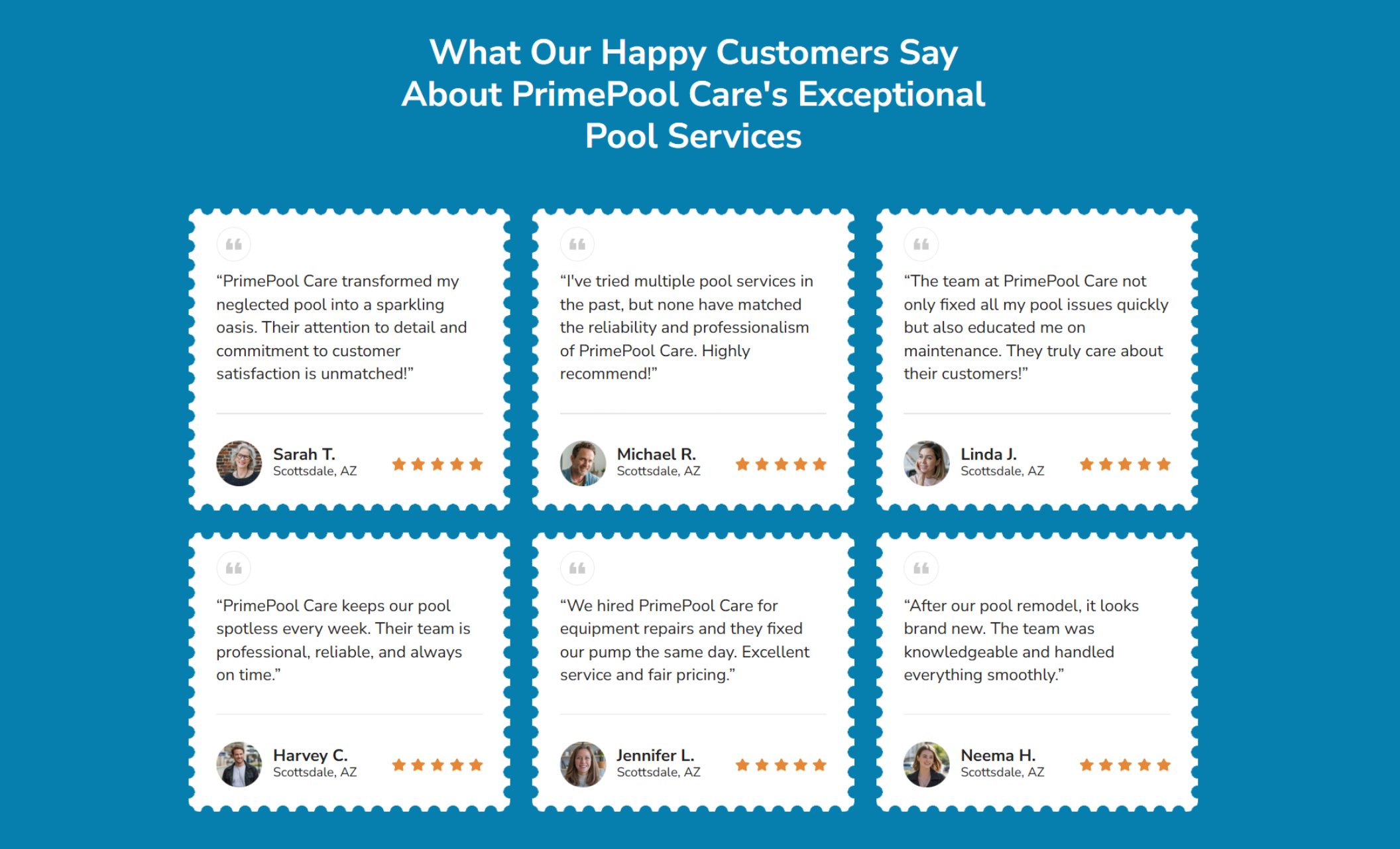 PrimePool Care testimonials section titled “What Our Happy Customers Say About PrimePool Care’s Exceptional Pool Services,” displaying six customer reviews with names, locations, and five-star ratings