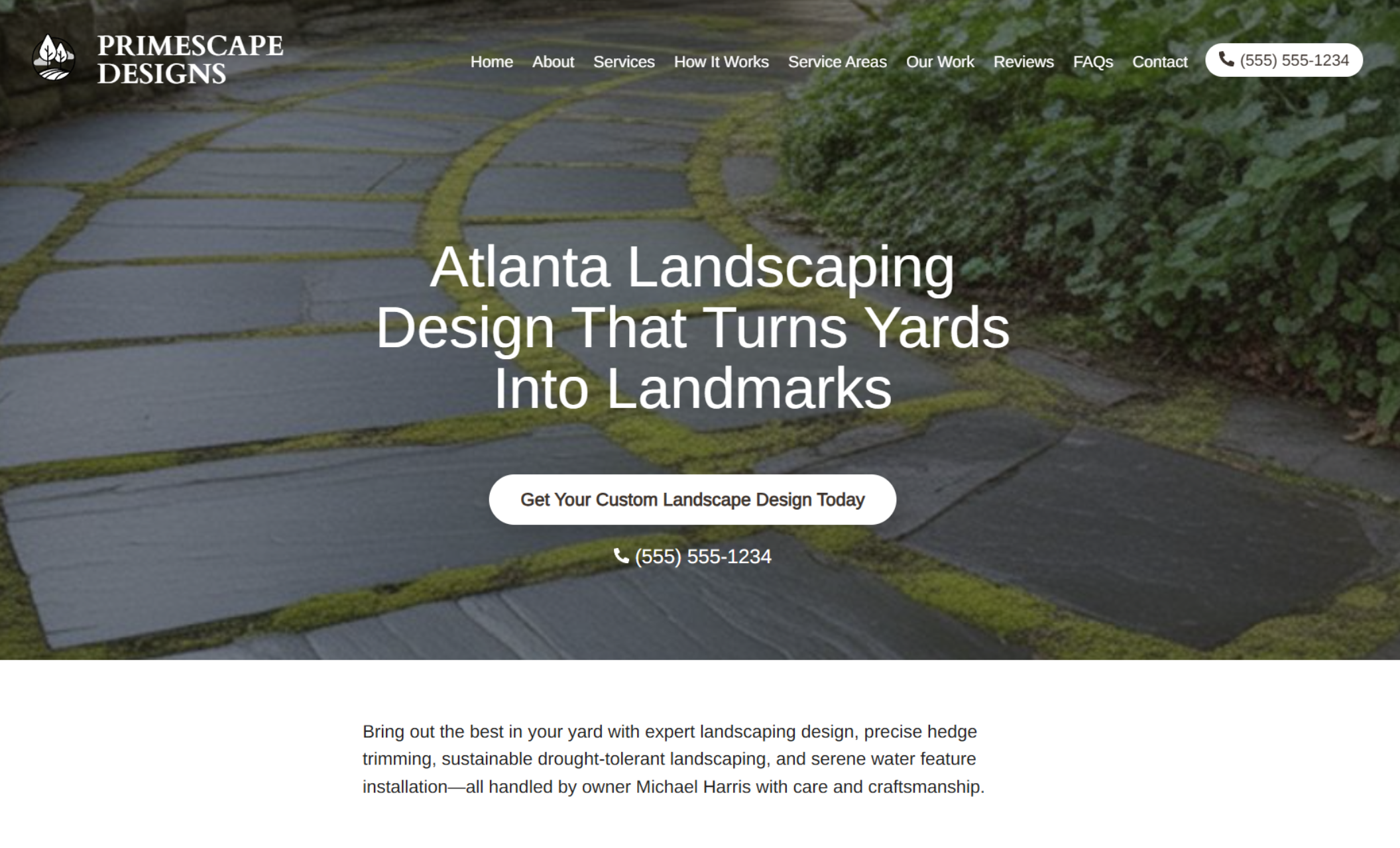 PrimeScape Designs homepage featuring a background image of a stone pathway with moss, headline text “Atlanta Landscaping Design That Turns Yards Into Landmarks,” and a white button that says “Get Your Custom Landscape Design Today.”