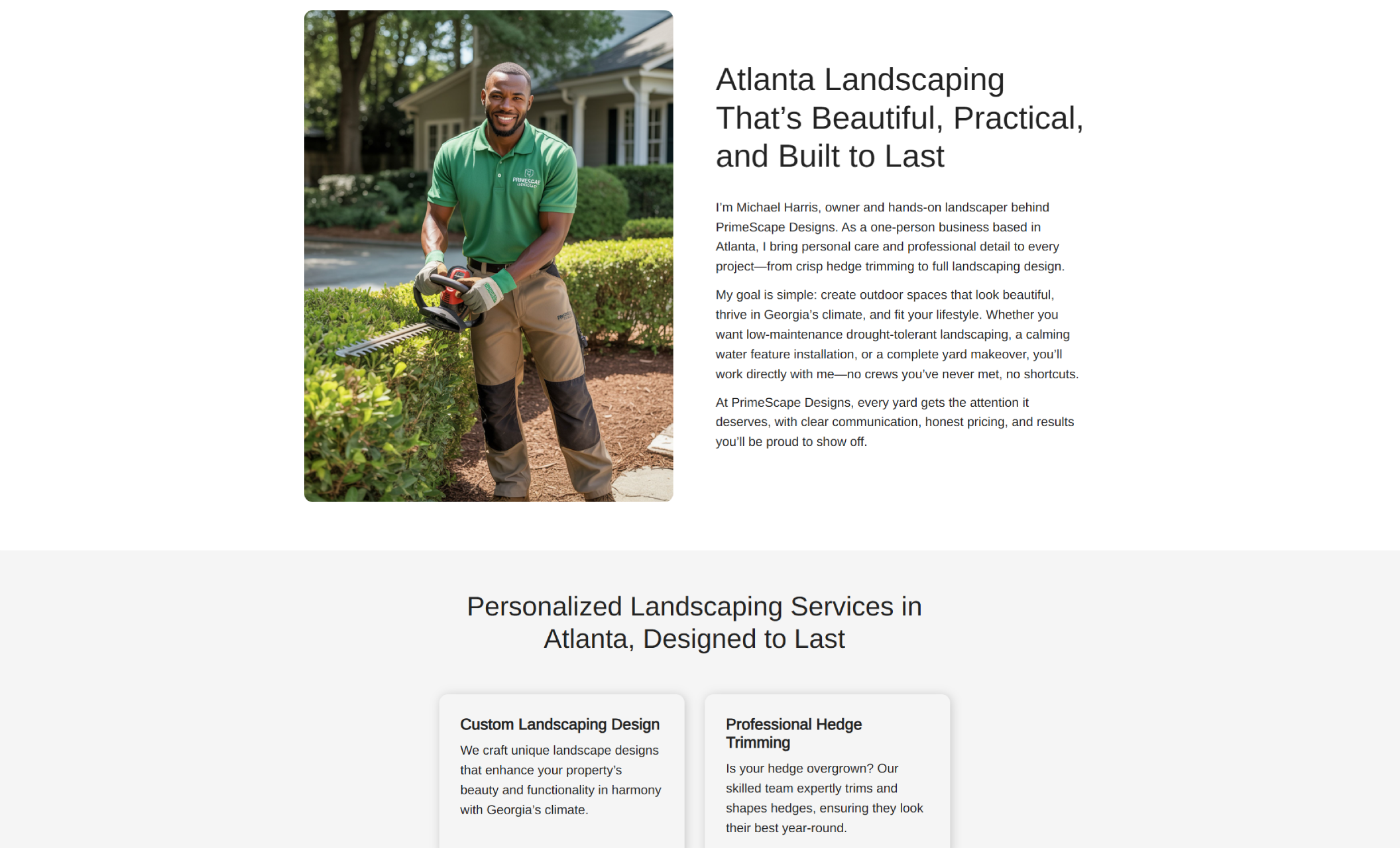 PrimeScape Designs founder section featuring a smiling man in a green polo trimming a hedge, beside text introducing owner Michael Harris with the headline “Atlanta Landscaping That’s Beautiful, Practical, and Built to Last.”
