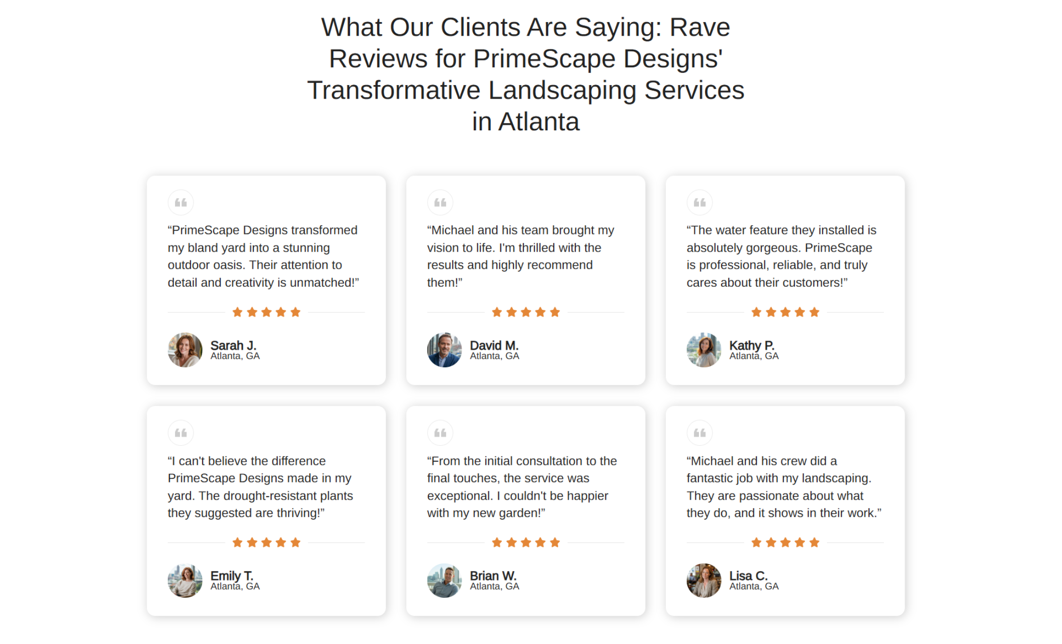 PrimeScape Designs testimonials section with the headline “What Our Clients Are Saying: Rave Reviews for PrimeScape Designs’ Transformative Landscaping Services in Atlanta,” showing six customer reviews with names, headshots, five-star ratings, and glowing feedback