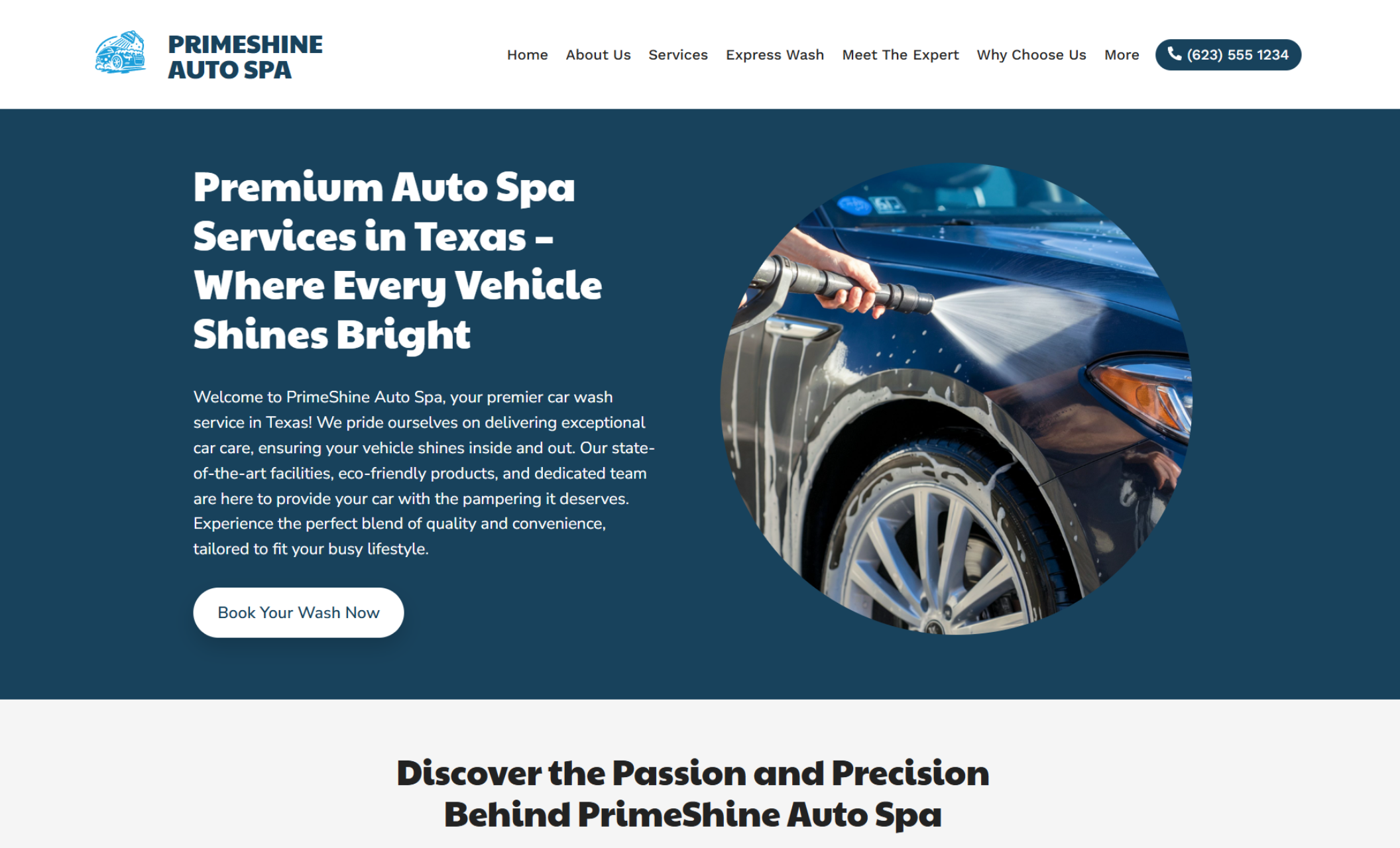PrimeShine Auto Spa homepage with a dark blue layout, circular photo of a car being sprayed clean, and the headline “Premium Auto Spa Services in Texas – Where Every Vehicle Shines Bright” above a white “Book Your Wash Now” button