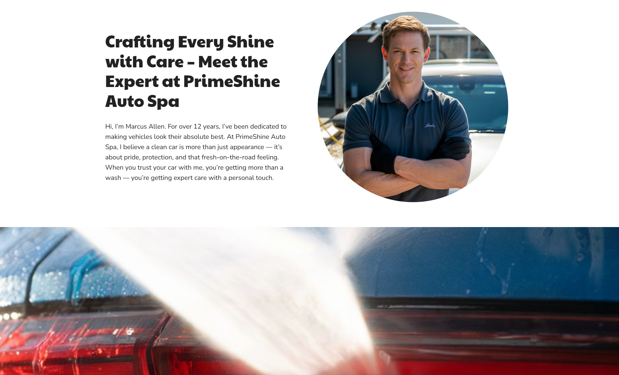 Owner spotlight section of PrimeShine Auto Spa showing Marcus Allen with arms crossed in front of a clean vehicle, paired with a personal message about his 12 years of detailing experience
