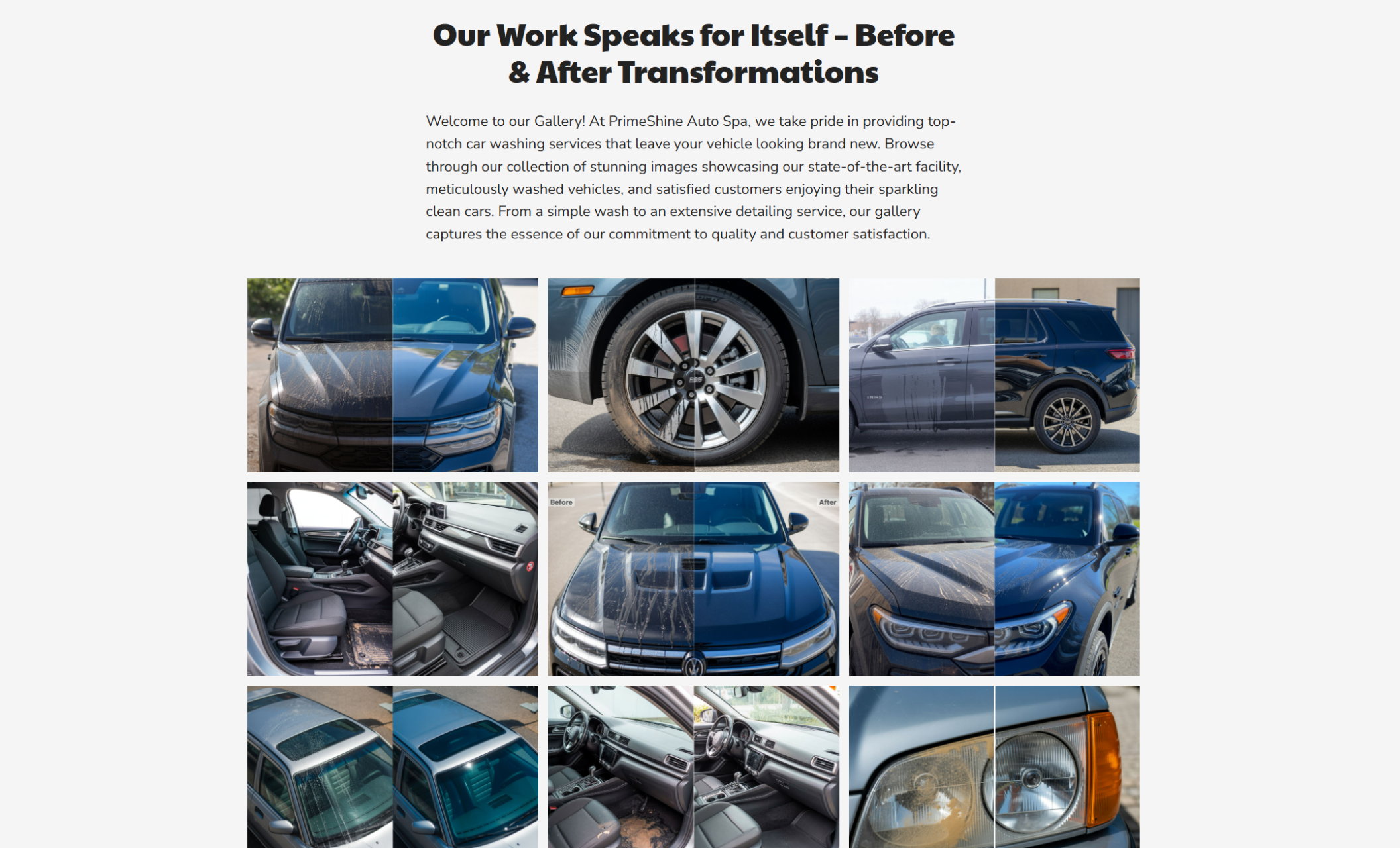 Before-and-after photo gallery from PrimeShine Auto Spa highlighting dramatic vehicle transformations, including side-by-side comparisons of dirty and freshly detailed cars inside and out