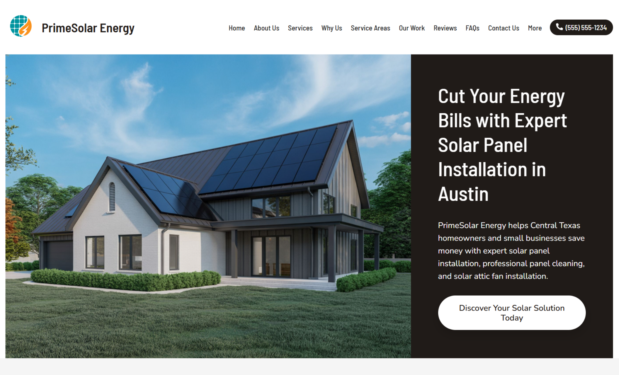 PrimeSolar Energy homepage featuring a modern home with black solar panels on the roof under a clear sky, paired with the headline “Cut Your Energy Bills with Expert Solar Panel Installation in Austin” and a call-to-action button reading “Discover Your Solar Solution Today.”