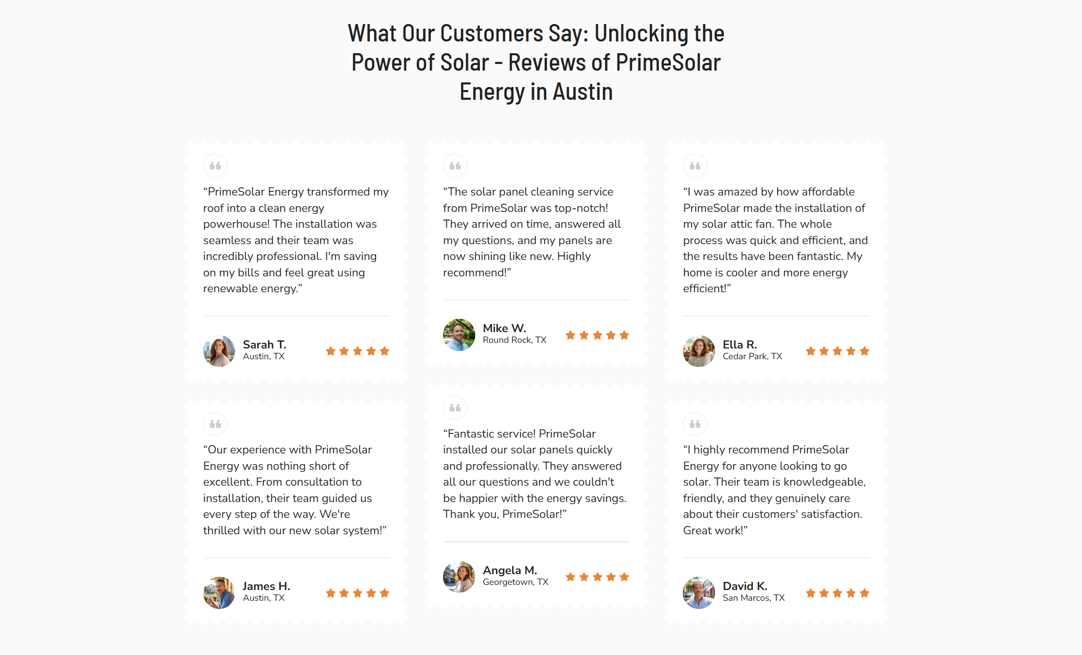 PrimeSolar Energy reviews section featuring six customer testimonials with profile photos, names, star ratings, and quotes praising the company’s solar panel installation, cleaning, and attic fan services