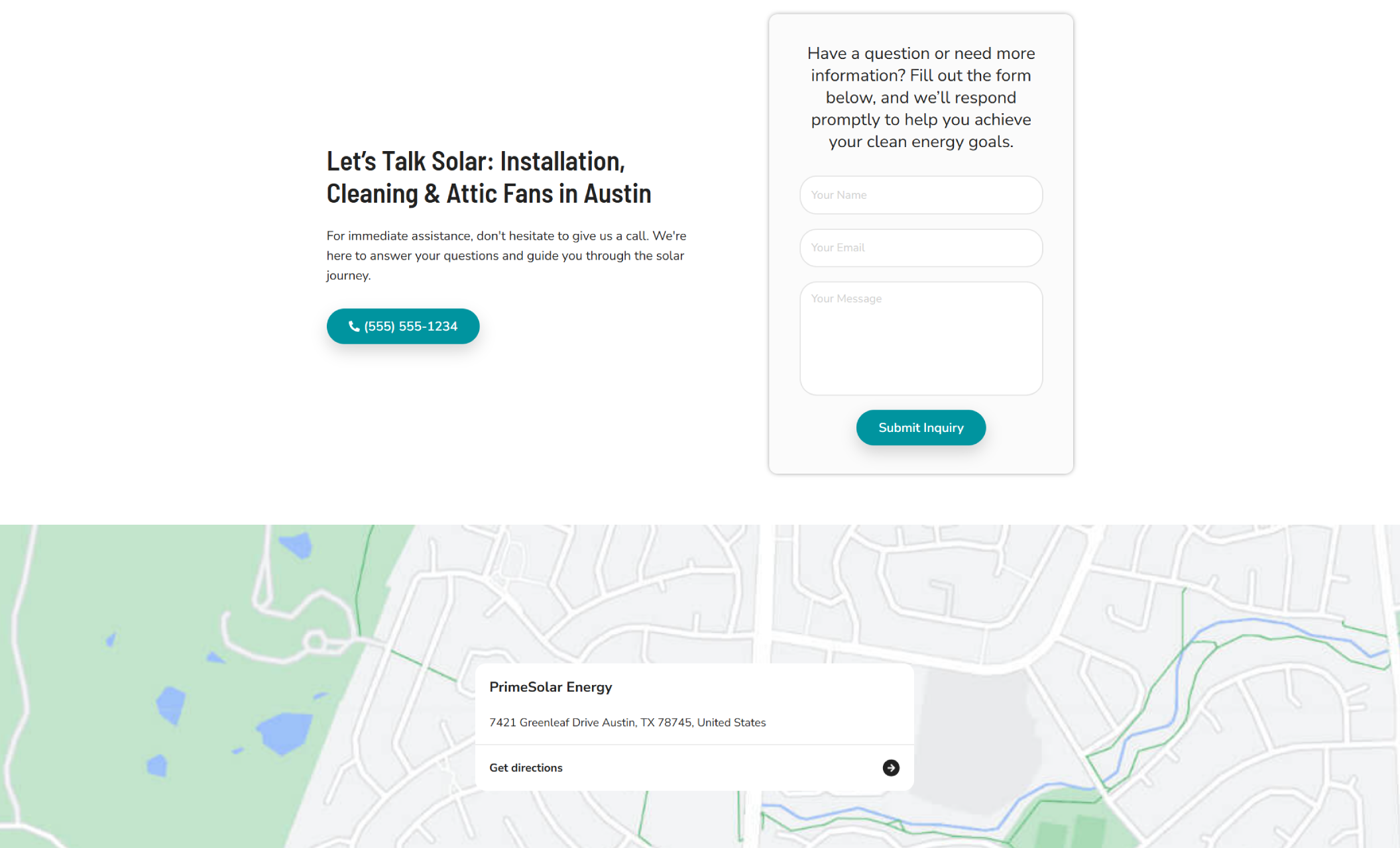 PrimeSolar Energy contact section showing a headline “Let’s Talk Solar: Installation, Cleaning & Attic Fans in Austin,” a phone number in a teal button, a white contact form, and an embedded map with the business location pinned