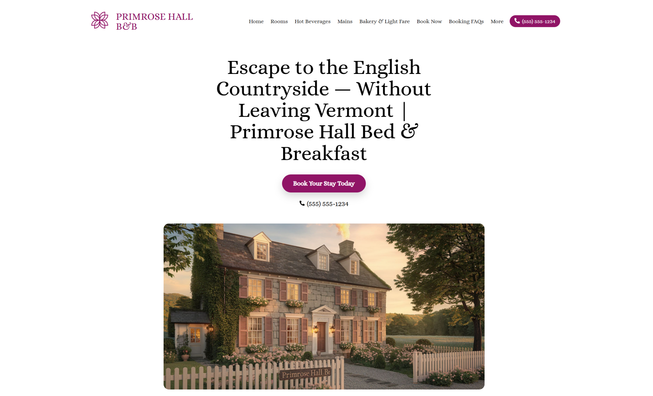 Primrose Hall homepage featuring a quaint, ivy-covered stone house with warm lighting and a white picket fence below the headline “Escape to the English Countryside — Without Leaving Vermont | Primrose Hall Bed & Breakfast” and a magenta booking button