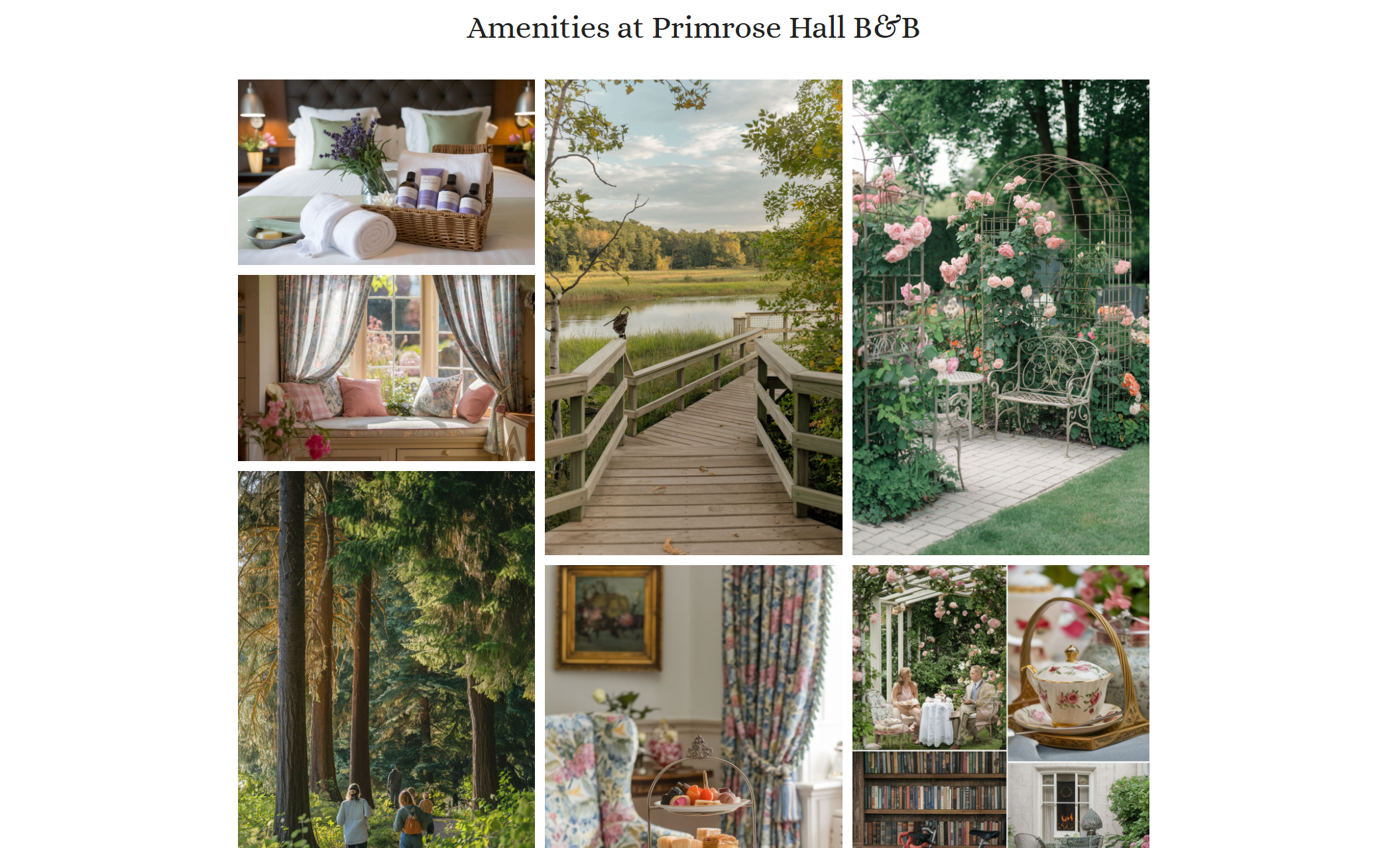 Primrose Hall amenities gallery showing a collage of serene images including garden seating, forest trails, floral tea settings, cozy interiors, and a scenic boardwalk to showcase the inn’s English countryside-inspired charm