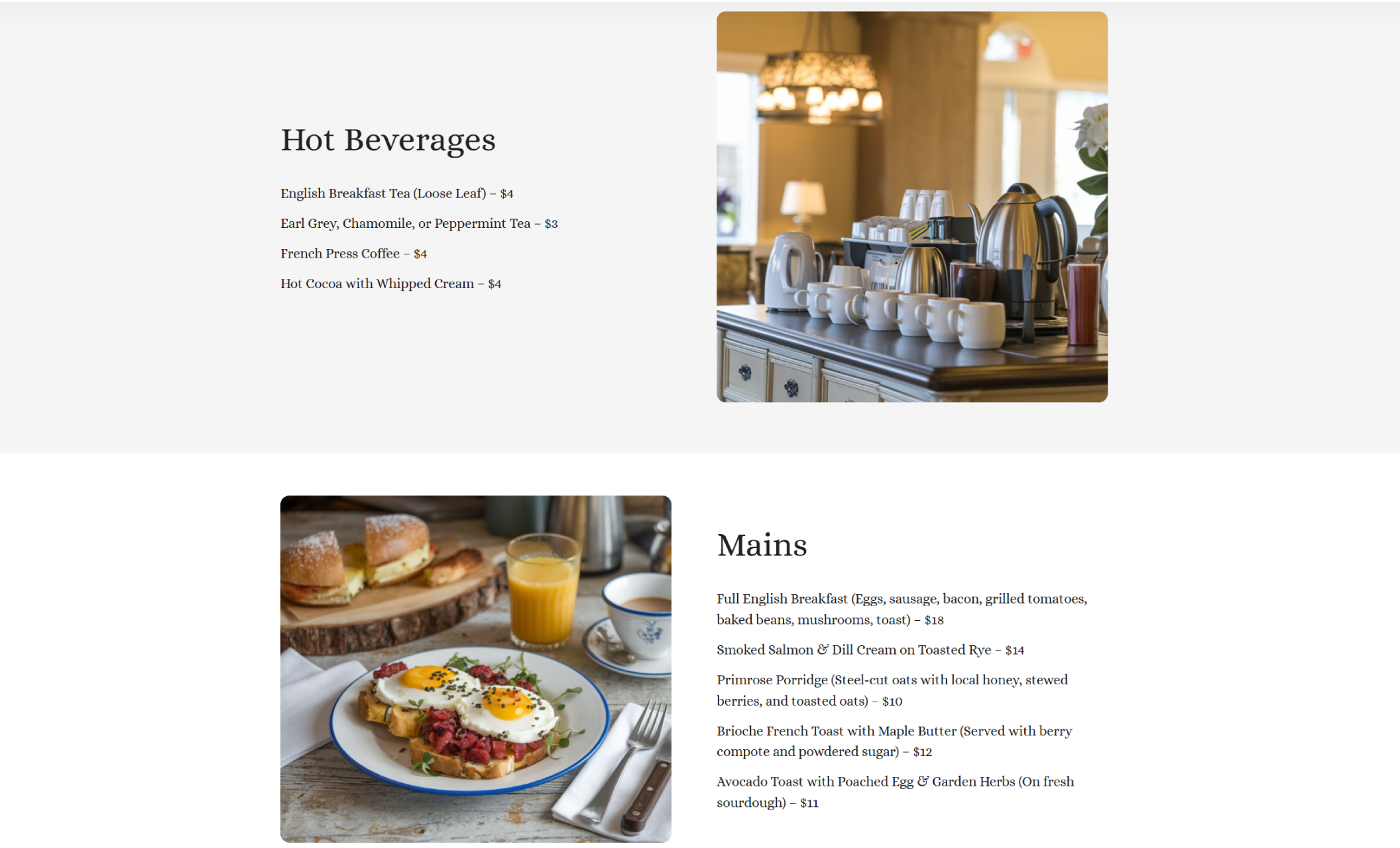 Menu section of Primrose Hall featuring a tea and coffee station under “Hot Beverages” and a colorful breakfast plate with eggs, toast, and juice beneath the “Mains” list of hearty homemade options
