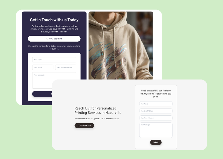 Screenshot of a contact form titled 'Get in touch' with a blue-colored primary button with a contact number, with input fields for Name, Email, and Message