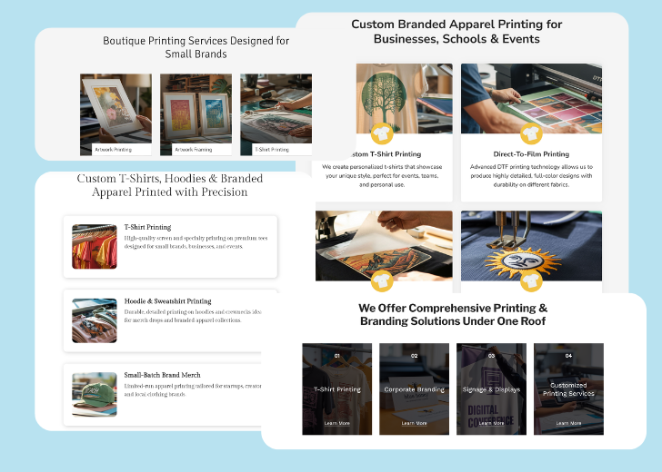 A collage of services section generated by Zarla showing different styles of service items, all having a picture, a title, and a brief description