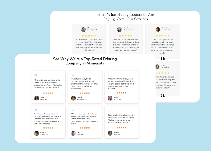 A collage of reviews section generated by Zarla showing different styles of testimonials
