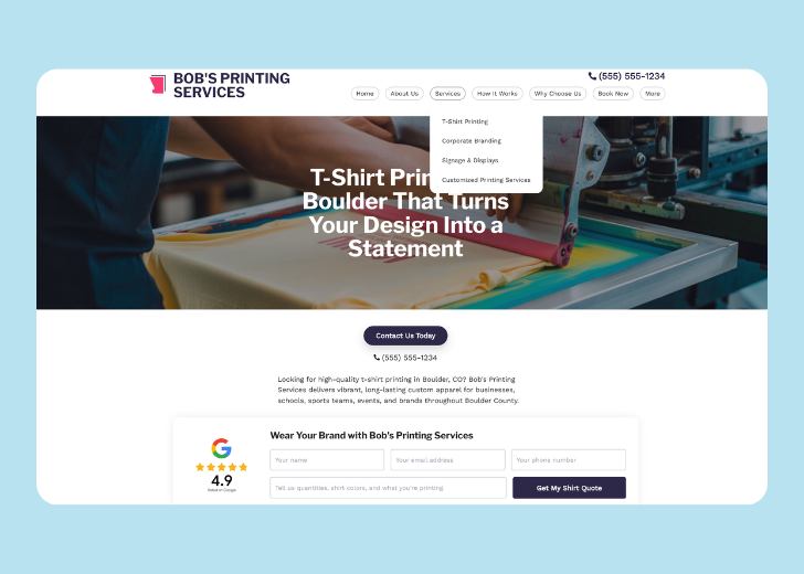 Spotless Touch landing page of a specific service titled 'Post Construction Cleaning' with a contact form on the side