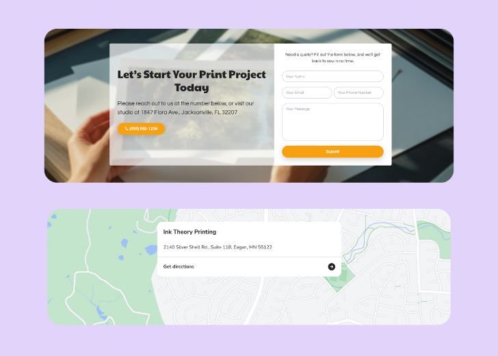 A screenshot of a header with navigation pills with contact number, a blue-colored primary button with contact number, and a 2D depiction of a map with a business address in the center