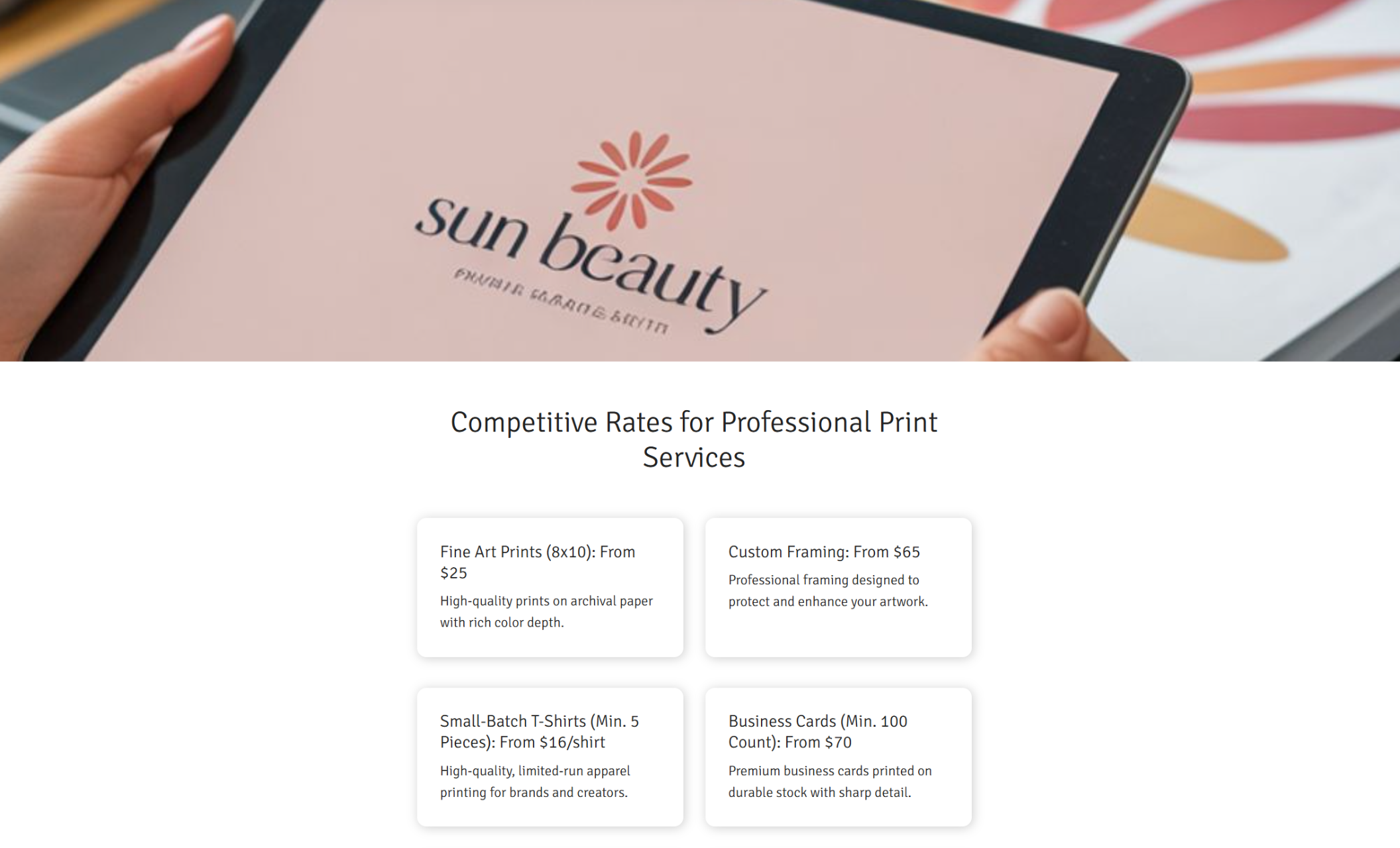 Prints By Maya pricing section labeled “Competitive Rates for Professional Print Services,” featuring cards for Fine Art Prints (8x10), Custom Framing, Small-Batch T-Shirts, and Business Cards with starting prices