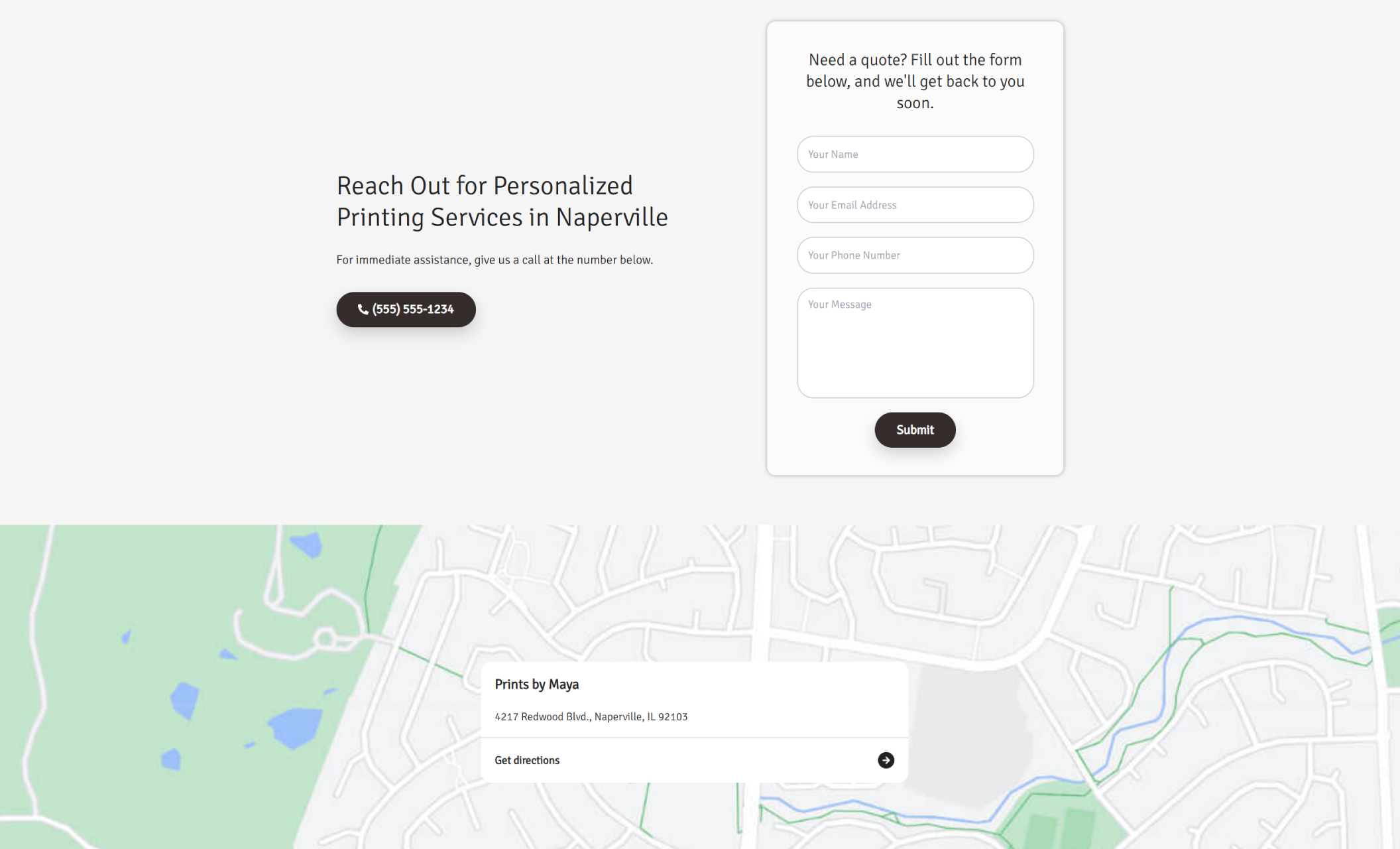 Prints By Maya contact section titled “Reach Out for Personalized Printing Services in Naperville,” displaying a call button with phone number, a contact form, and a map showing the studio location on Redwood Blvd in Naperville, IL