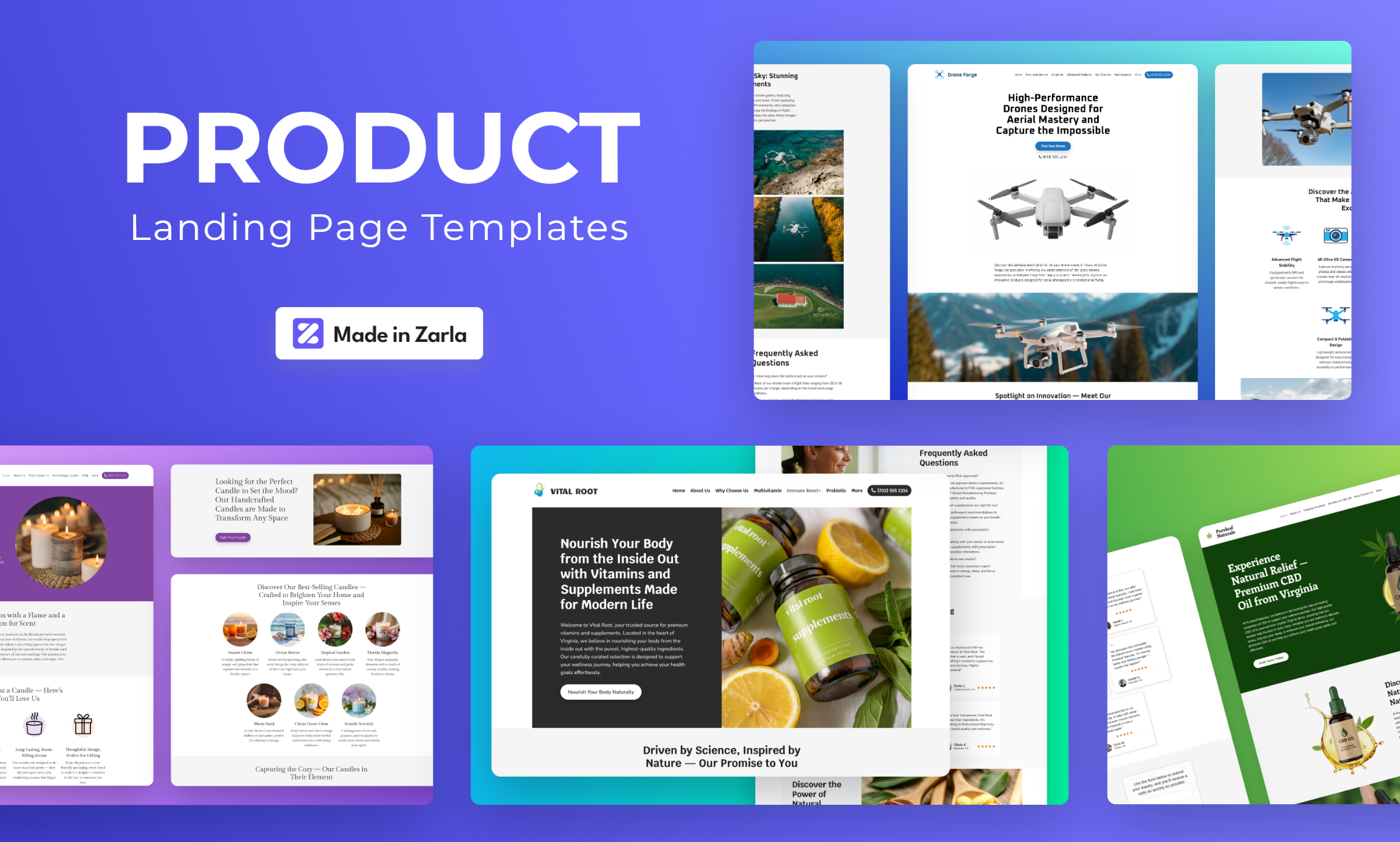Collection of product landing page website templates created with Zarla