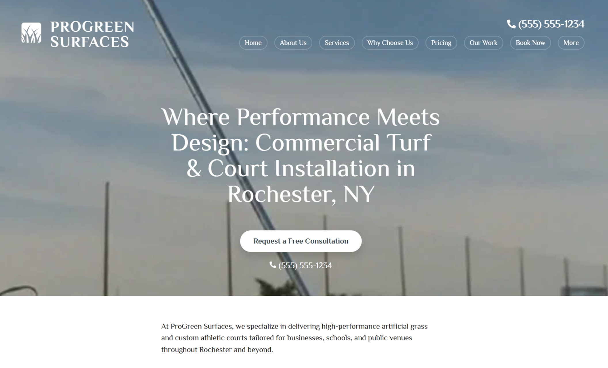ProGreen Surfaces homepage hero displaying the headline “Where Performance Meets Design: Commercial Turf & Court Installation in Rochester, NY” with a consultation button and navigation menu