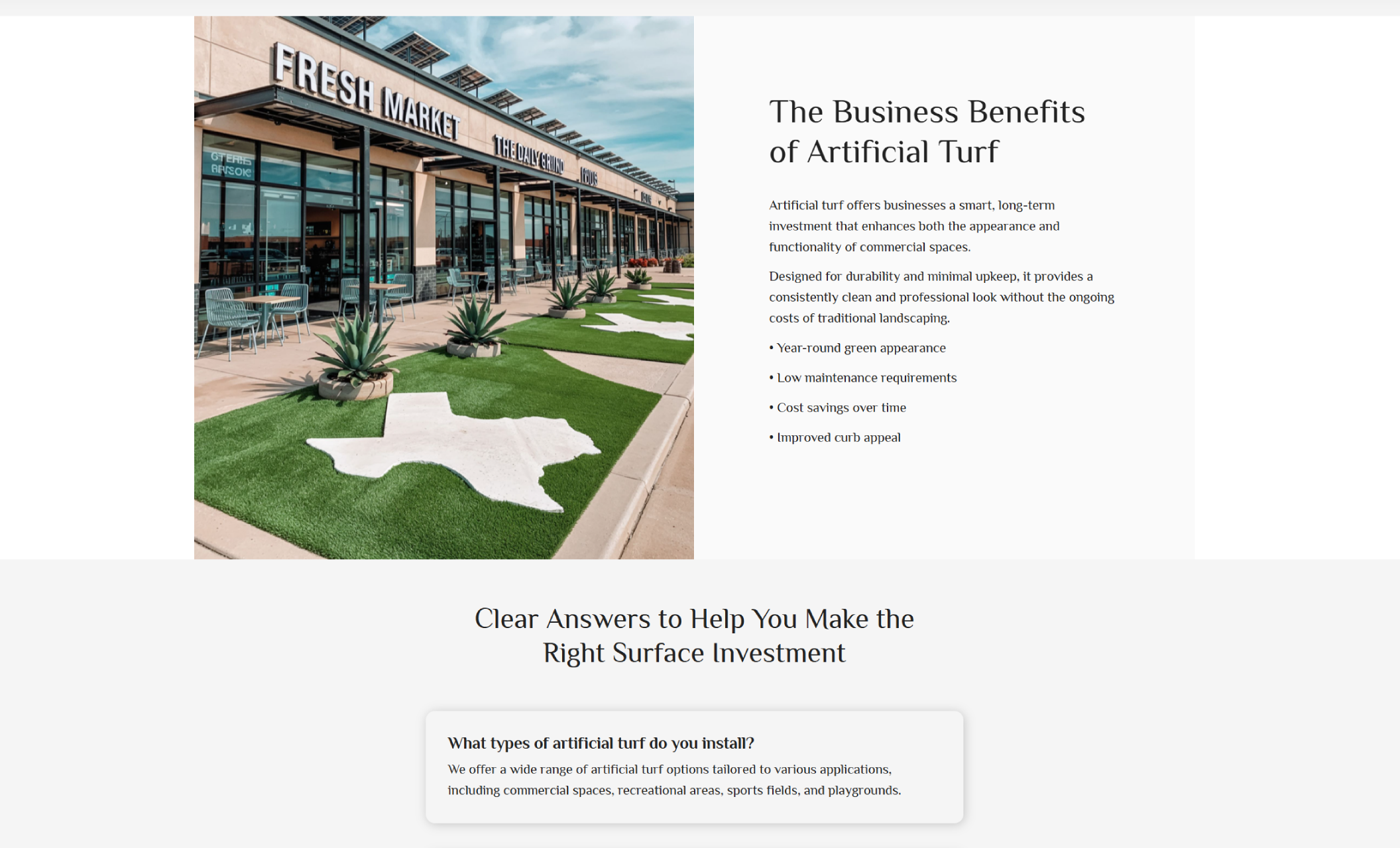 ProGreen Surfaces commercial benefits section featuring a storefront with artificial turf landscaping beside the heading “The Business Benefits of Artificial Turf” and bullet points