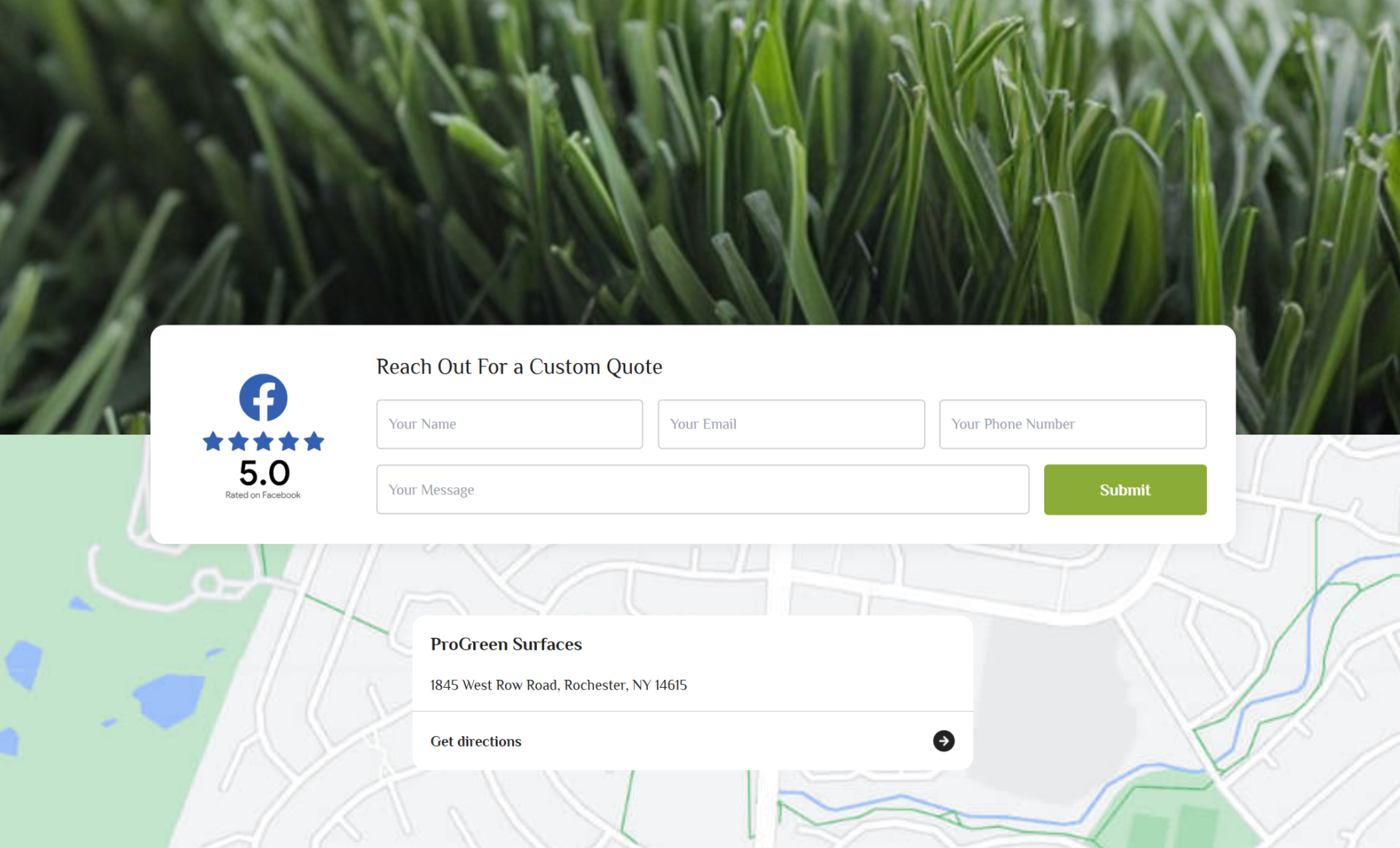 ProGreen Surfaces contact section showing a Facebook 5.0 rating, a “Reach Out For a Custom Quote” form, and a map with business location details