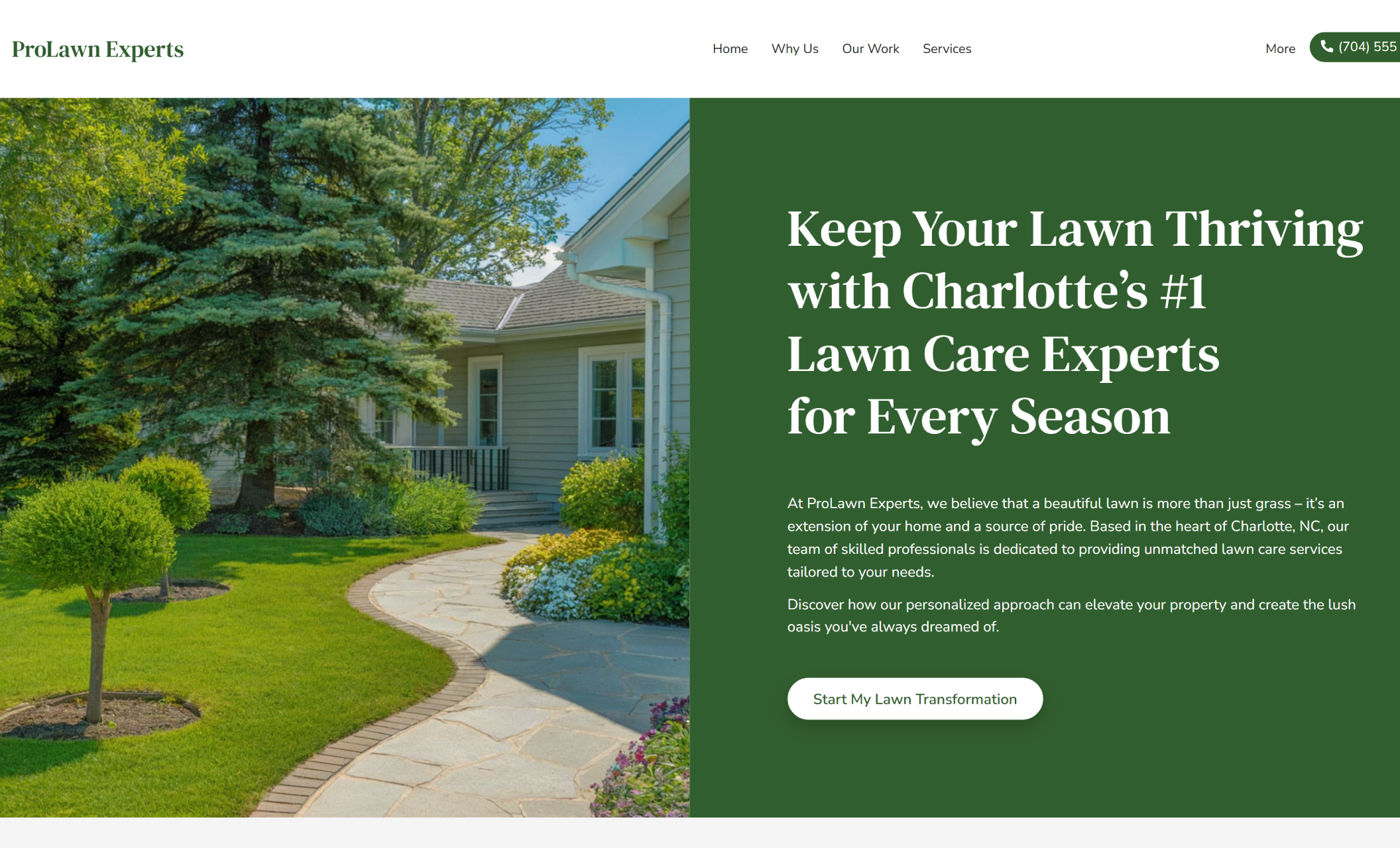 ProLawn Experts homepage featuring a manicured suburban lawn with a stone walkway and trimmed trees beside a bold green banner that reads “Keep Your Lawn Thriving with Charlotte’s #1 Lawn Care Experts for Every Season” and a white button labeled “Start My Lawn Transformation.”