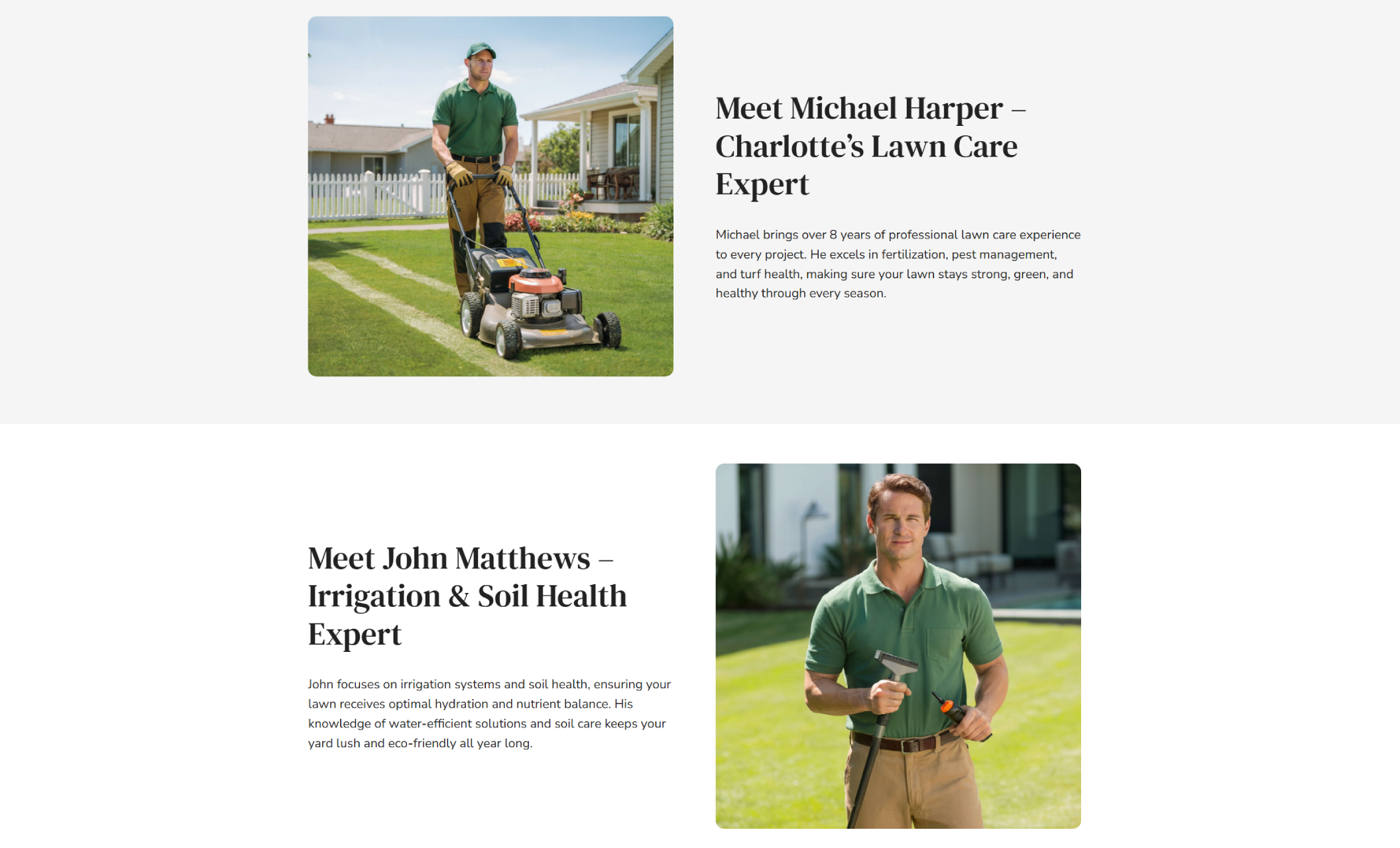 ProLawn Experts team section showing Michael Harper pushing a lawnmower with the headline “Meet Michael Harper – Charlotte’s Lawn Care Expert” and John Matthews holding an irrigation tool with the headline “Meet John Matthews – Irrigation & Soil Health Expert.”
