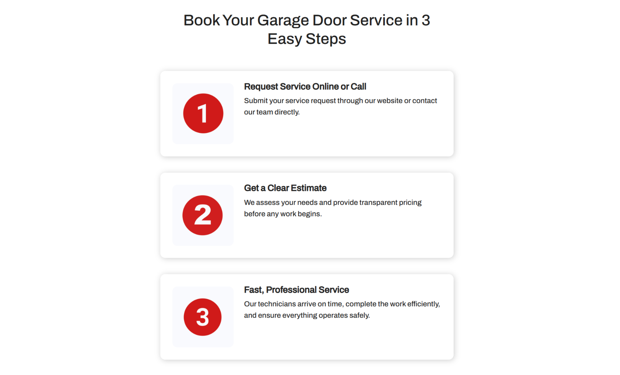 Section titled “Book Your Garage Door Service in 3 Easy Steps” featuring three stacked cards labeled 1, 2, and 3 with short descriptions for requesting service, getting a clear estimate, and receiving fast professional service